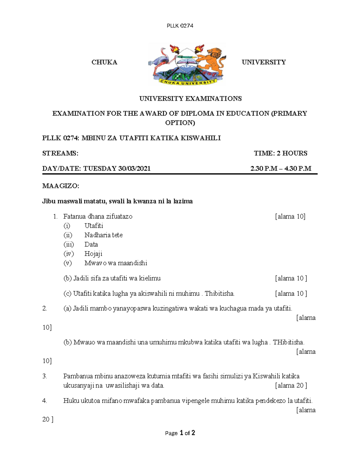PLLK 0274 - Notes on Research Methods in Kiswahili - Studocu