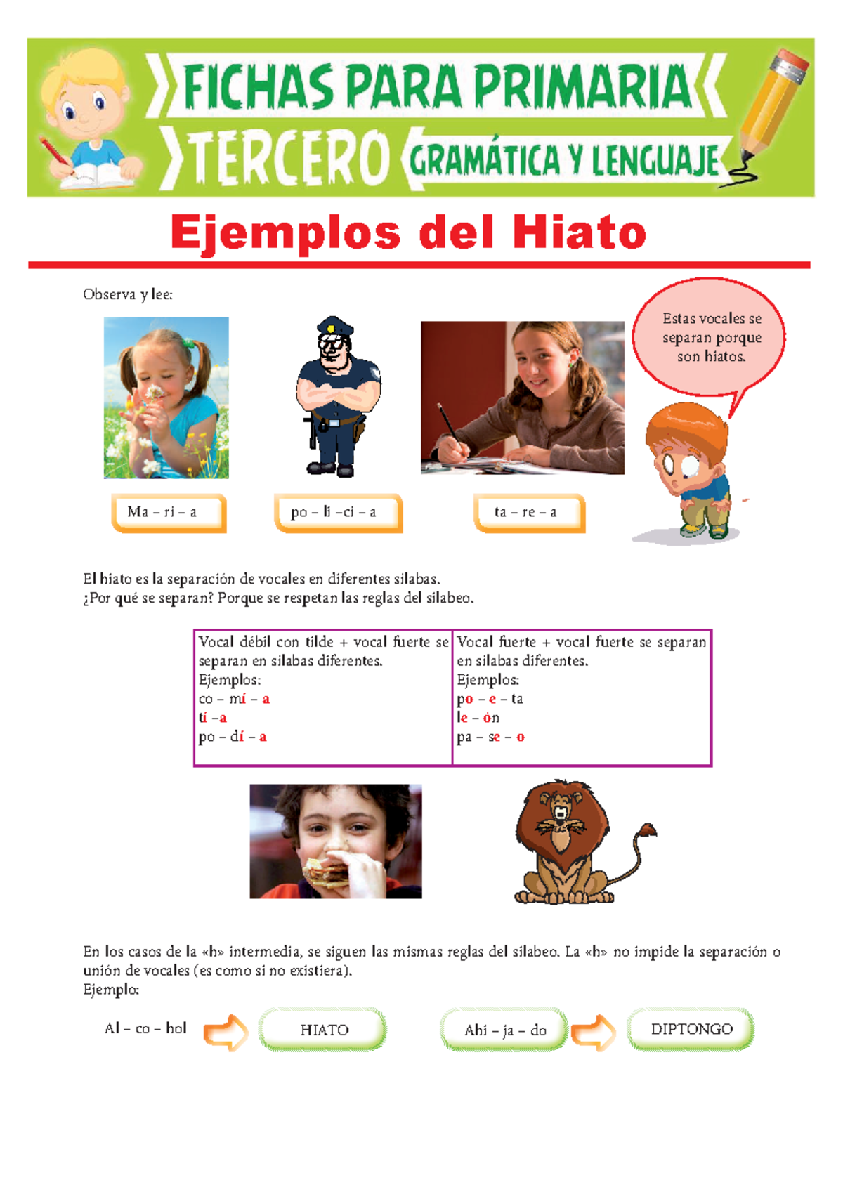 Ejemplos de Hiato para 3er Grado de Primaria - Actividades Prácticas - Document Preview