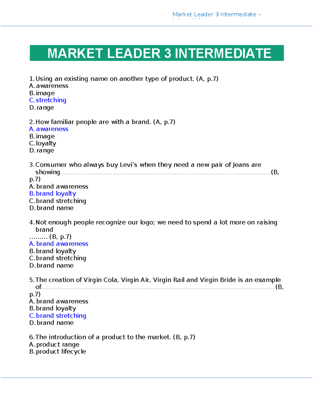 Market Leader 3 Intermediate - Quiz Questions and Answers - Studocu