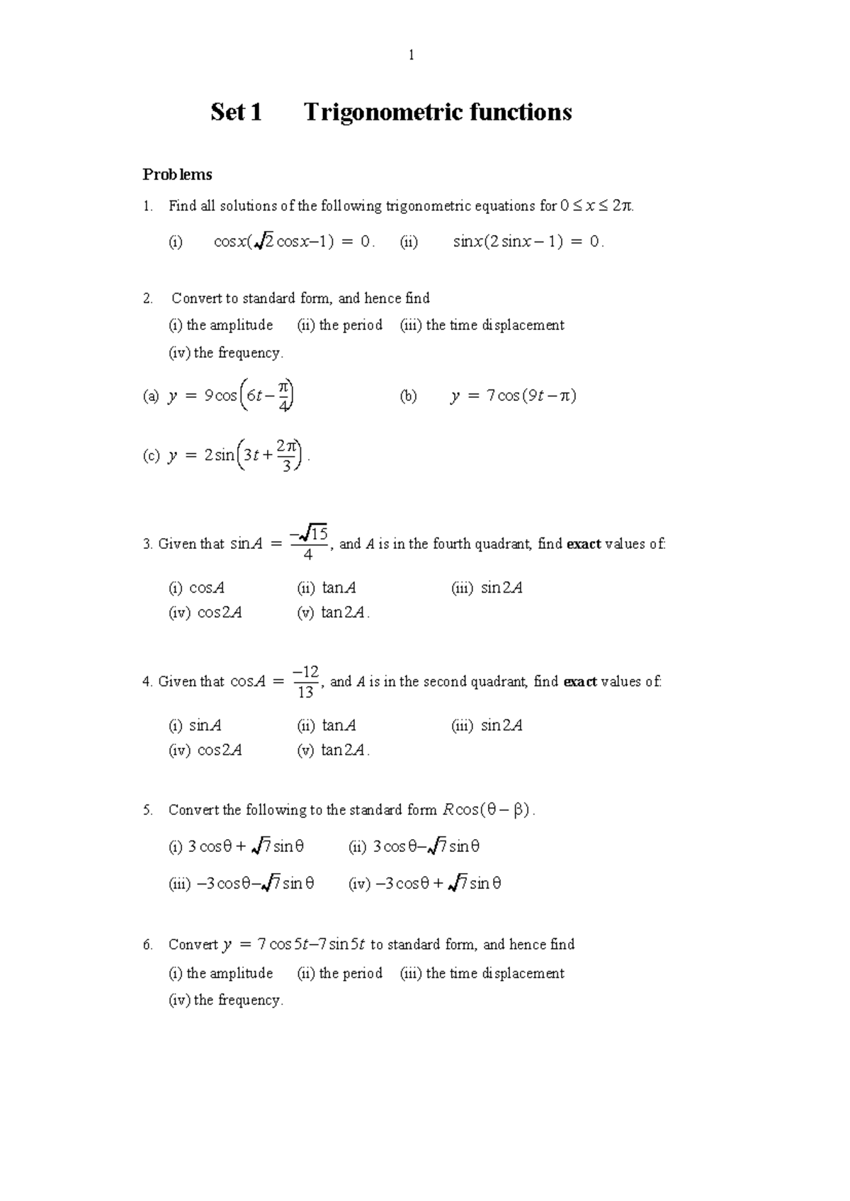 SIT199 Problem Sets - Trigonometric Functions Practice Exercises - Studocu