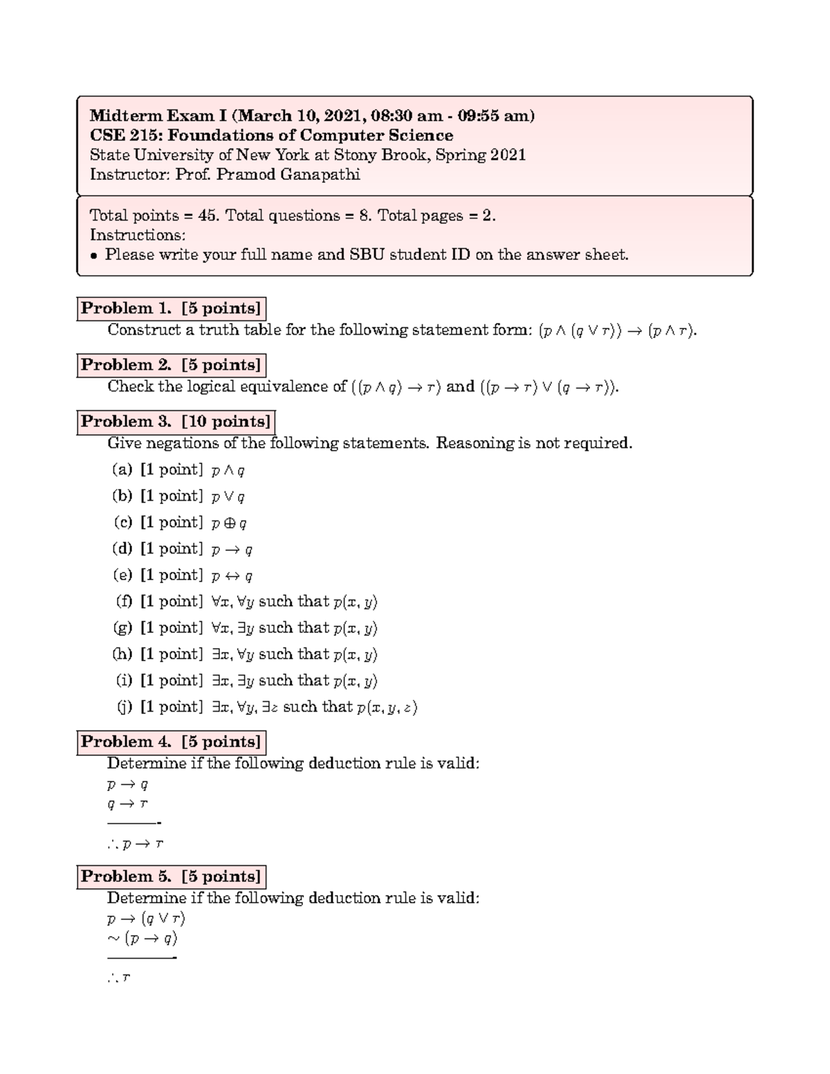 CSE215-2021Spring-Midterm Exam I Study Guide and Problems - Studocu