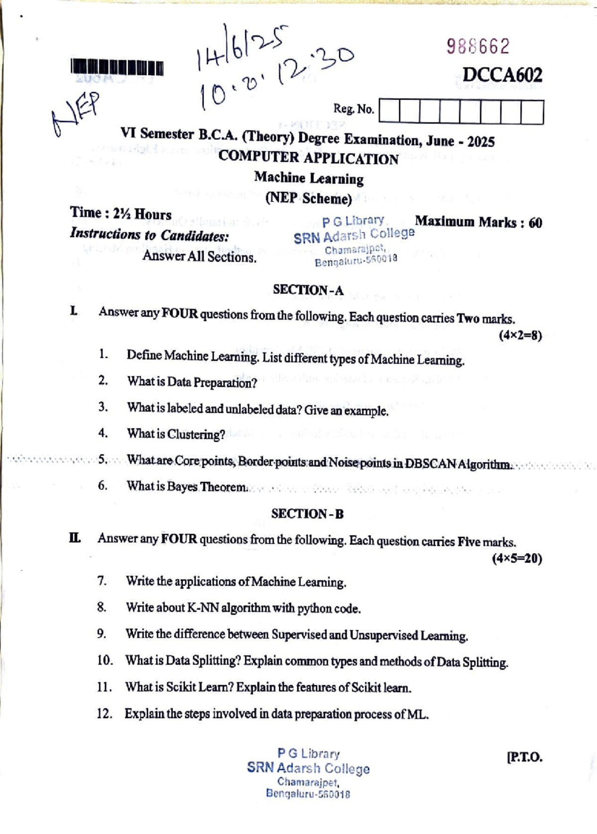 988662 DCCA602 VI Sem B.C.A. Machine Learning Model Question Paper ...
