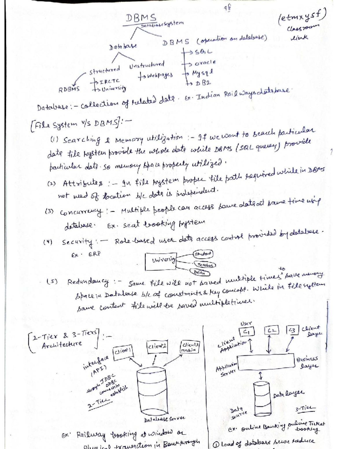 DBMS (etmxysf) Classroom Notes: Database Operations & Concepts - Studocu