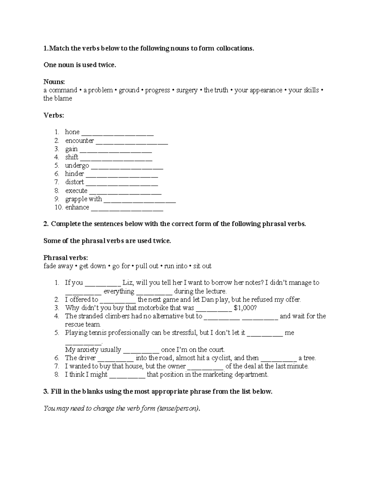 1. Collocations and Phrasal Verbs Practice - ENG 101 - Studocu