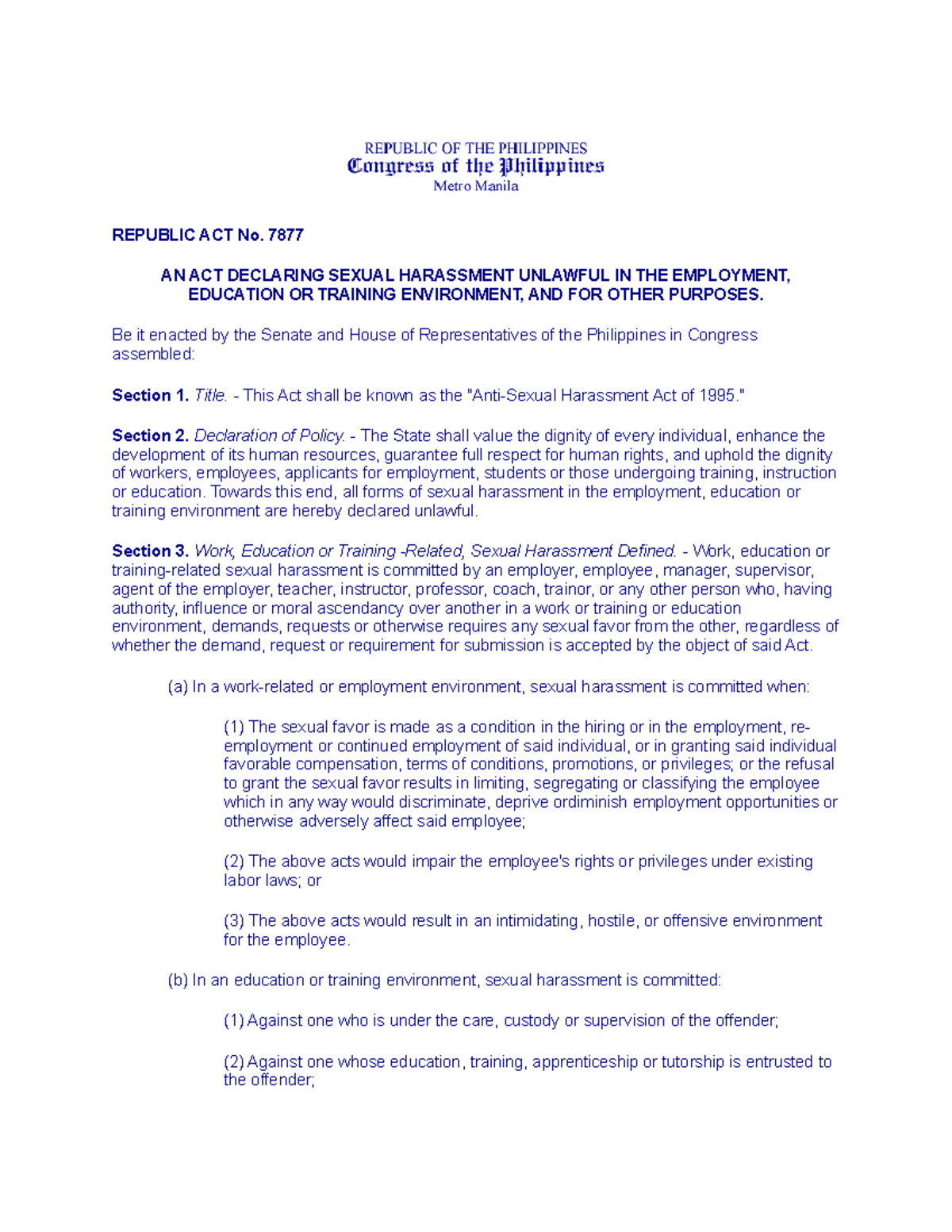 RA 7877 - Overview of the Anti-Sexual Harassment Act of 1995 - Studocu