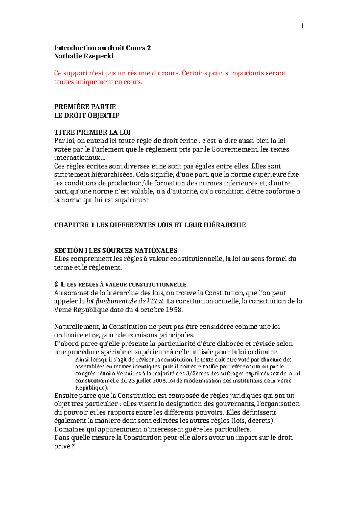 Introduction au Droit - Cours 2: La Loi et Sa Hiérarchie - Studocu
