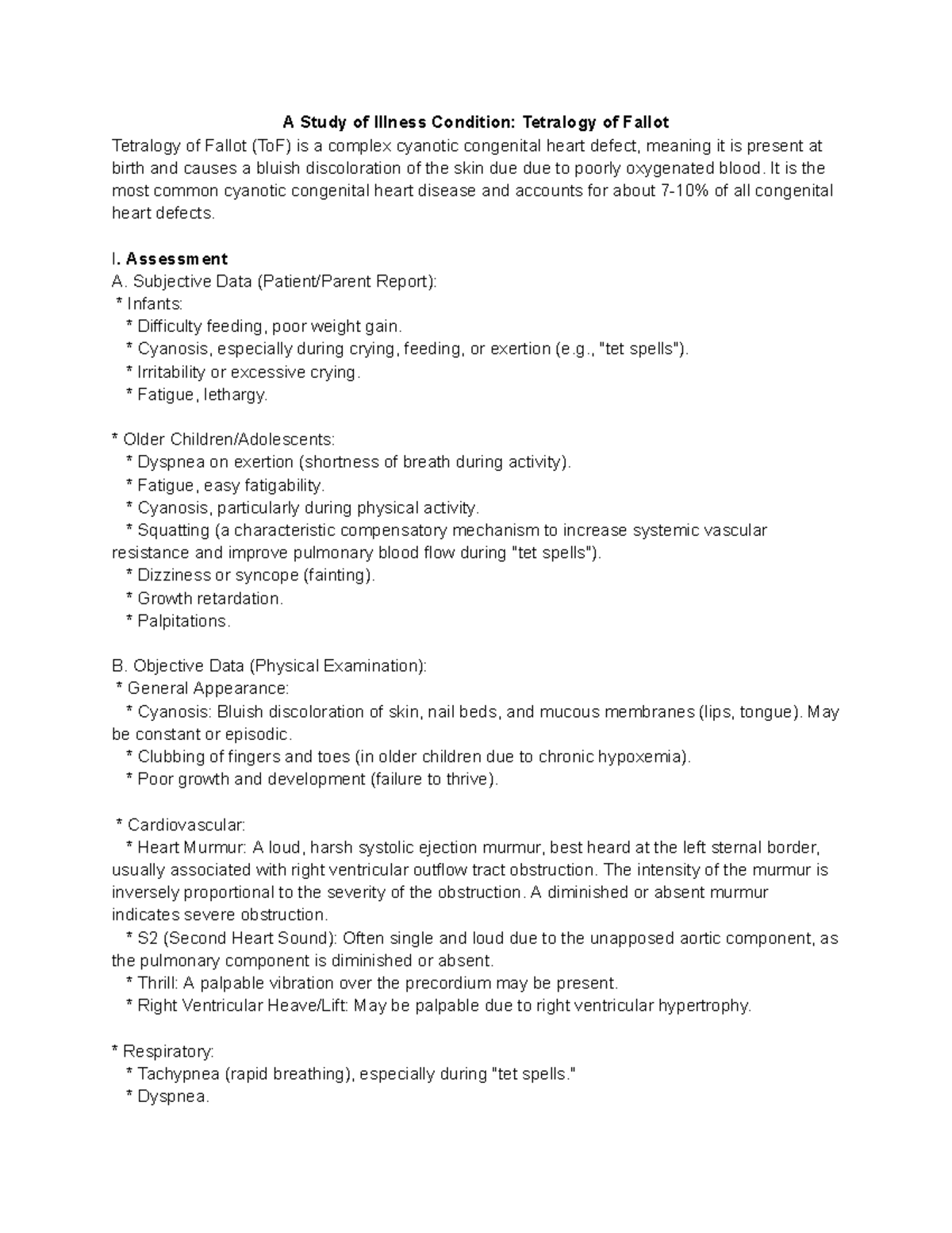 A Study of Illness Condition: Tetralogy of Fallot (ToF) Analysis - Studocu