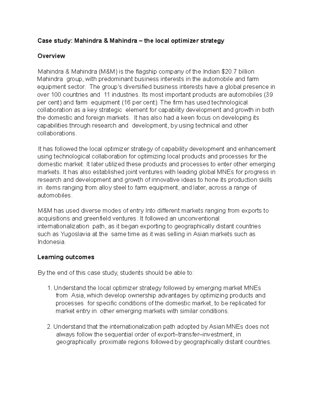 Case Study: Mahindra & Mahindra's Local Optimizer Strategy (MGT 301 ...