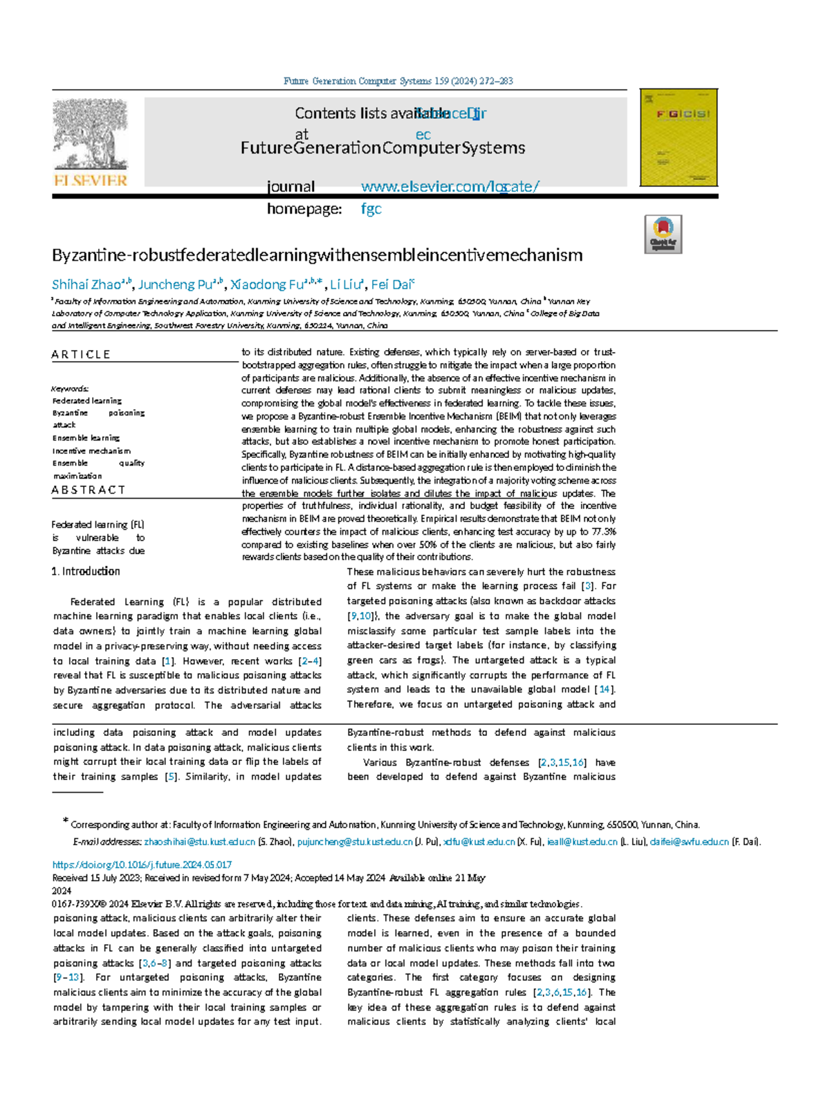 Ensemble Incentive Mechanism for Federated Learning Against Zantine ...