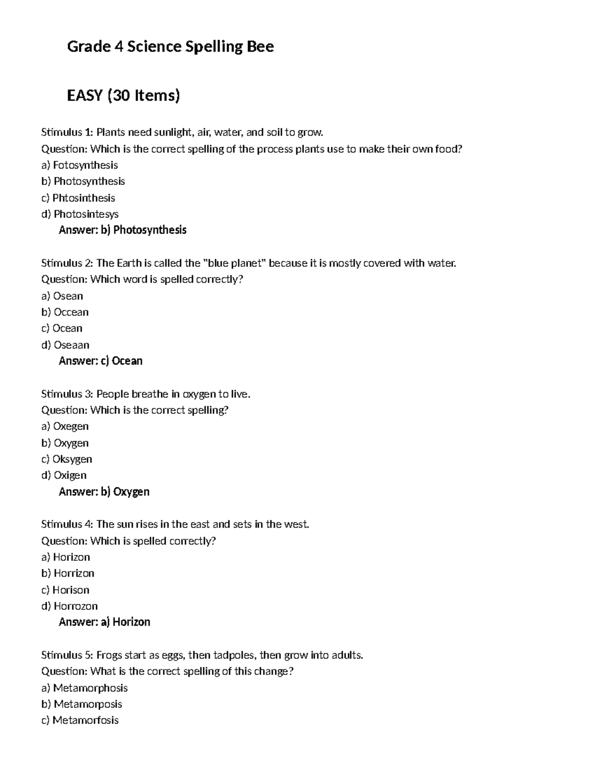 Grade 4 Science Quiz: Spelling Bee Challenge (30 Items) - Studocu