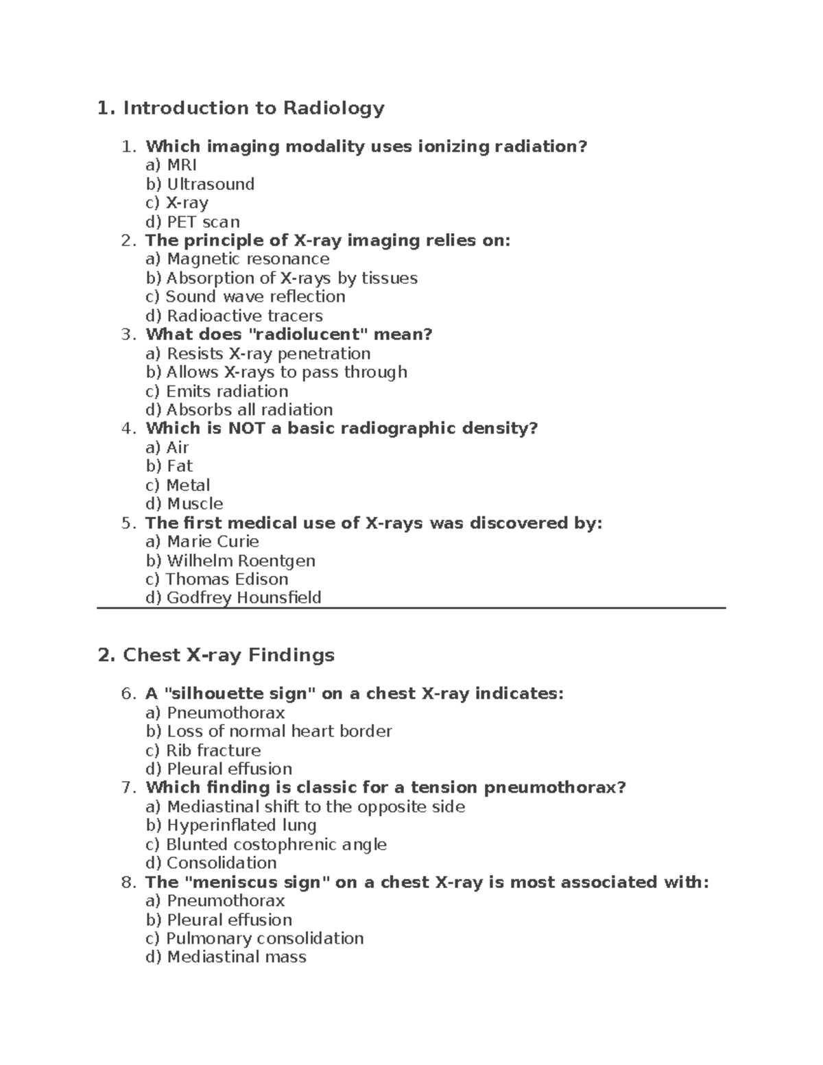 Radiology Assignment: Imaging Modalities & Chest Findings Quiz - Studocu