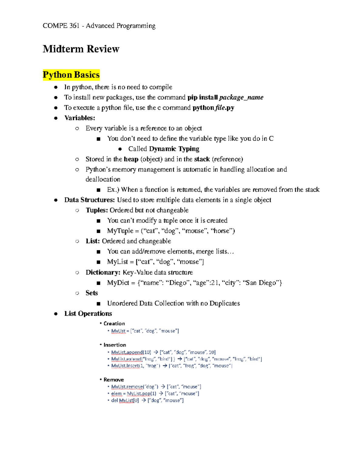 COMPE 361 Advanced Programming Midterm Review Notes - Studocu