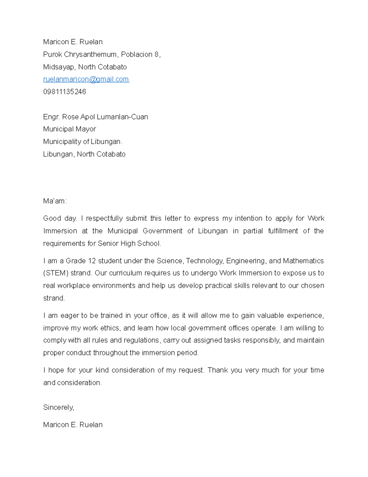Application for Work Immersion - Senior High School STEM - Studocu
