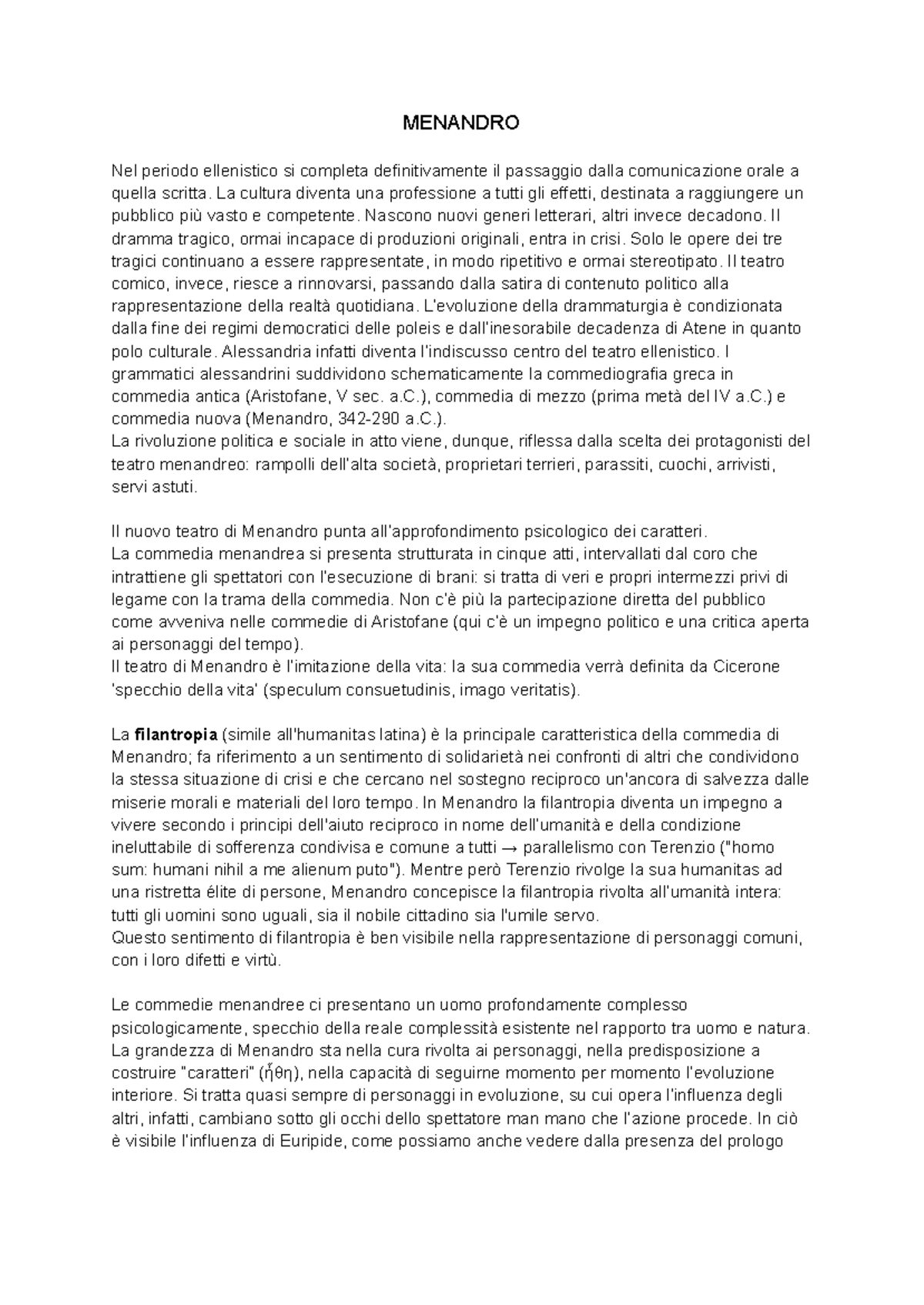 MENANDRO: La Commedia Ellenistica e la Filantropia nel Teatro - Studocu