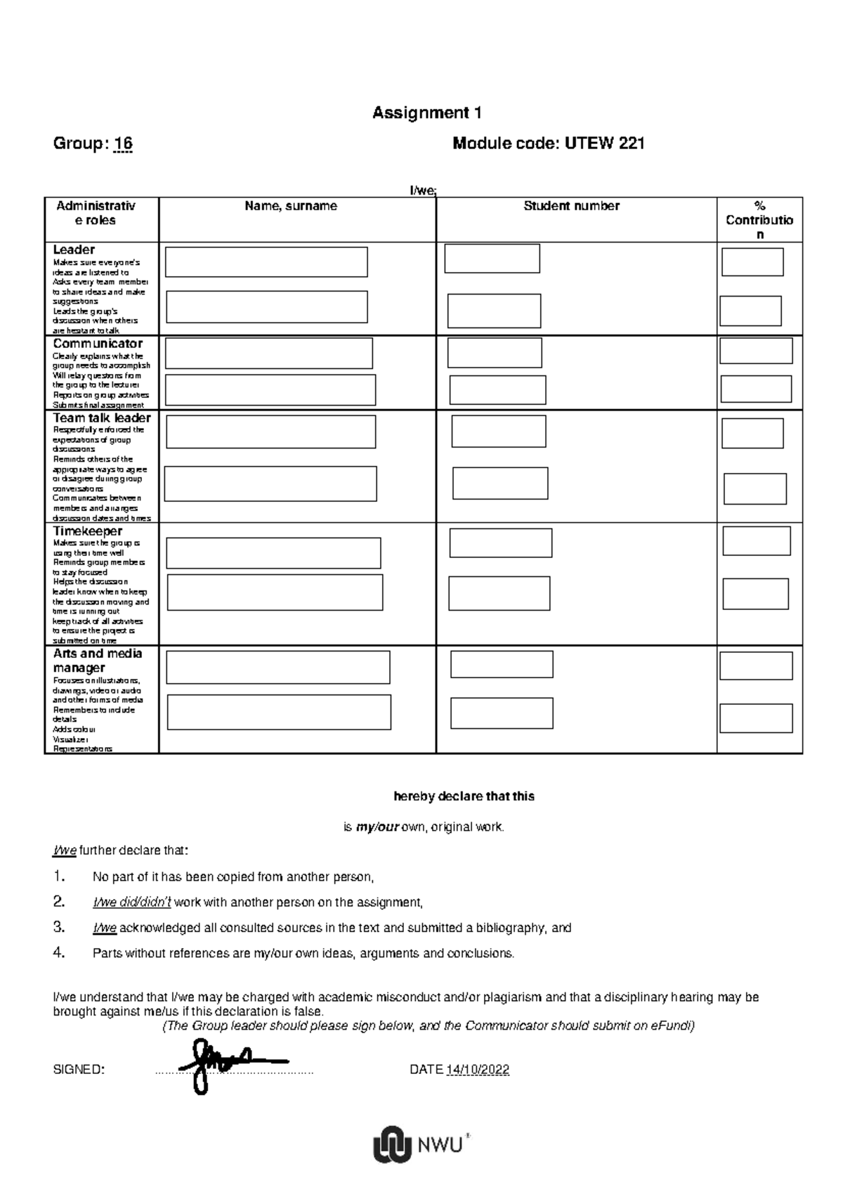 UTEW 321 Group Assignment 1: Roles & Social Justice Insights - Studocu