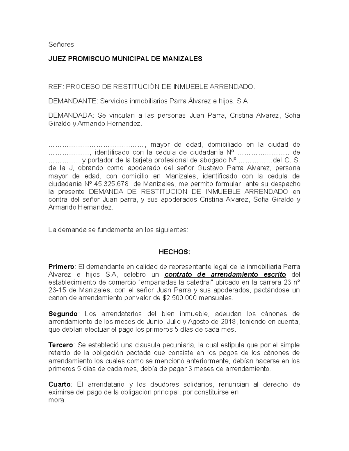 Modelo Demanda Restitución Inmueble Arrendado - Señores JUEZ PROMISCUO ...