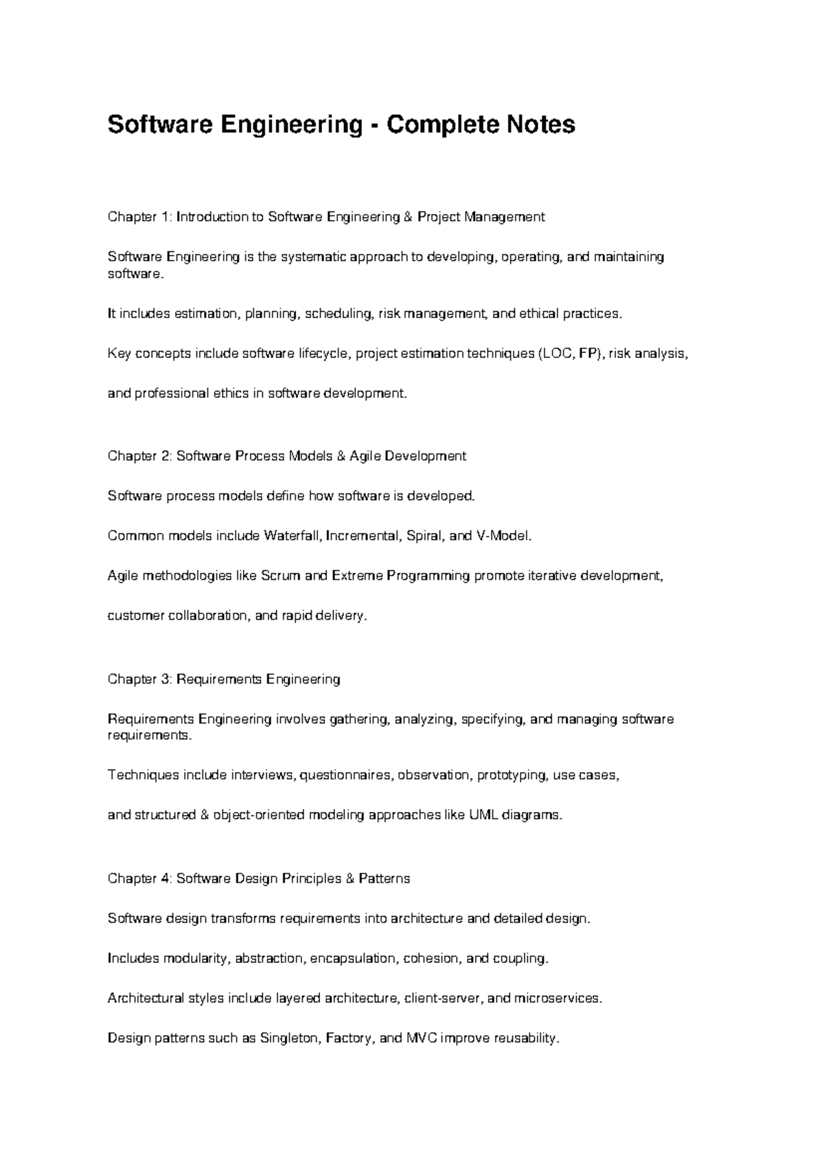 Software Engineering Complete Notes (SE101) - Chapters 1-8 Overview ...