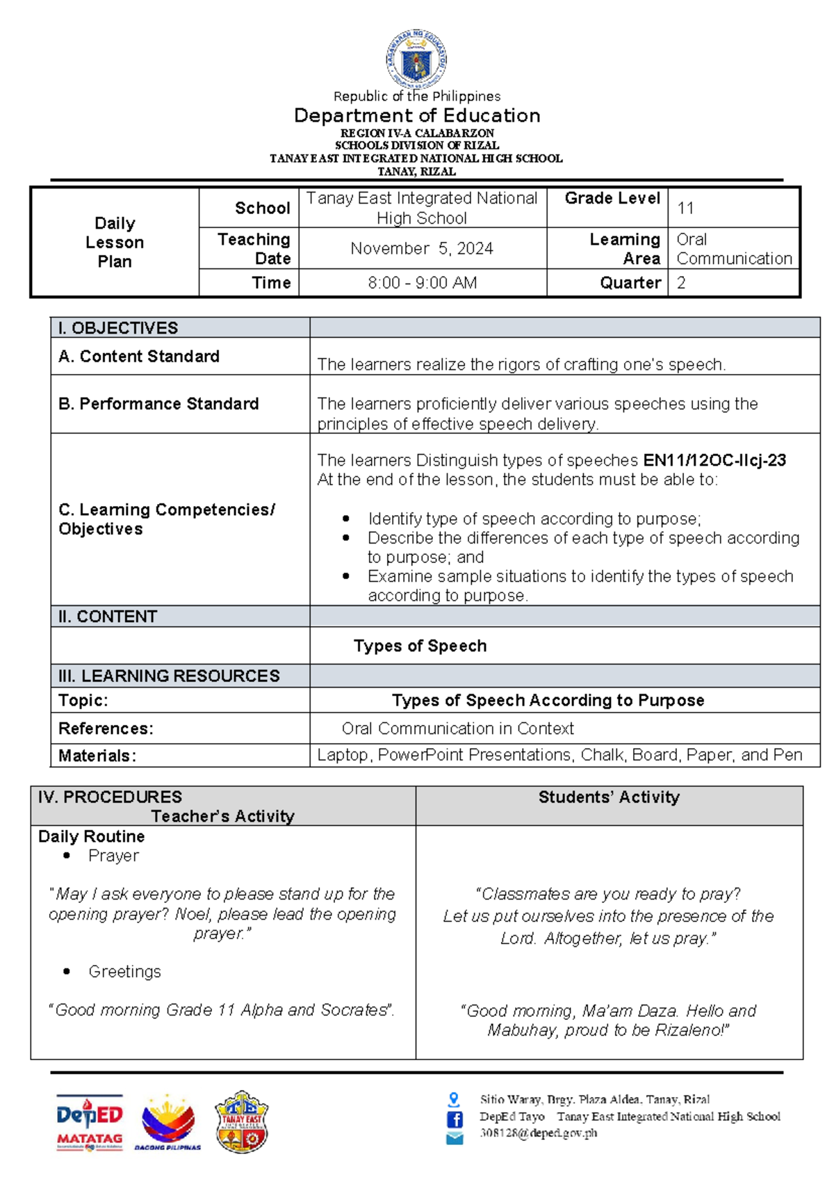 DLL Lesson Plan on Types of Speech by Purpose (EN11/12OC-IIcj) - Studocu