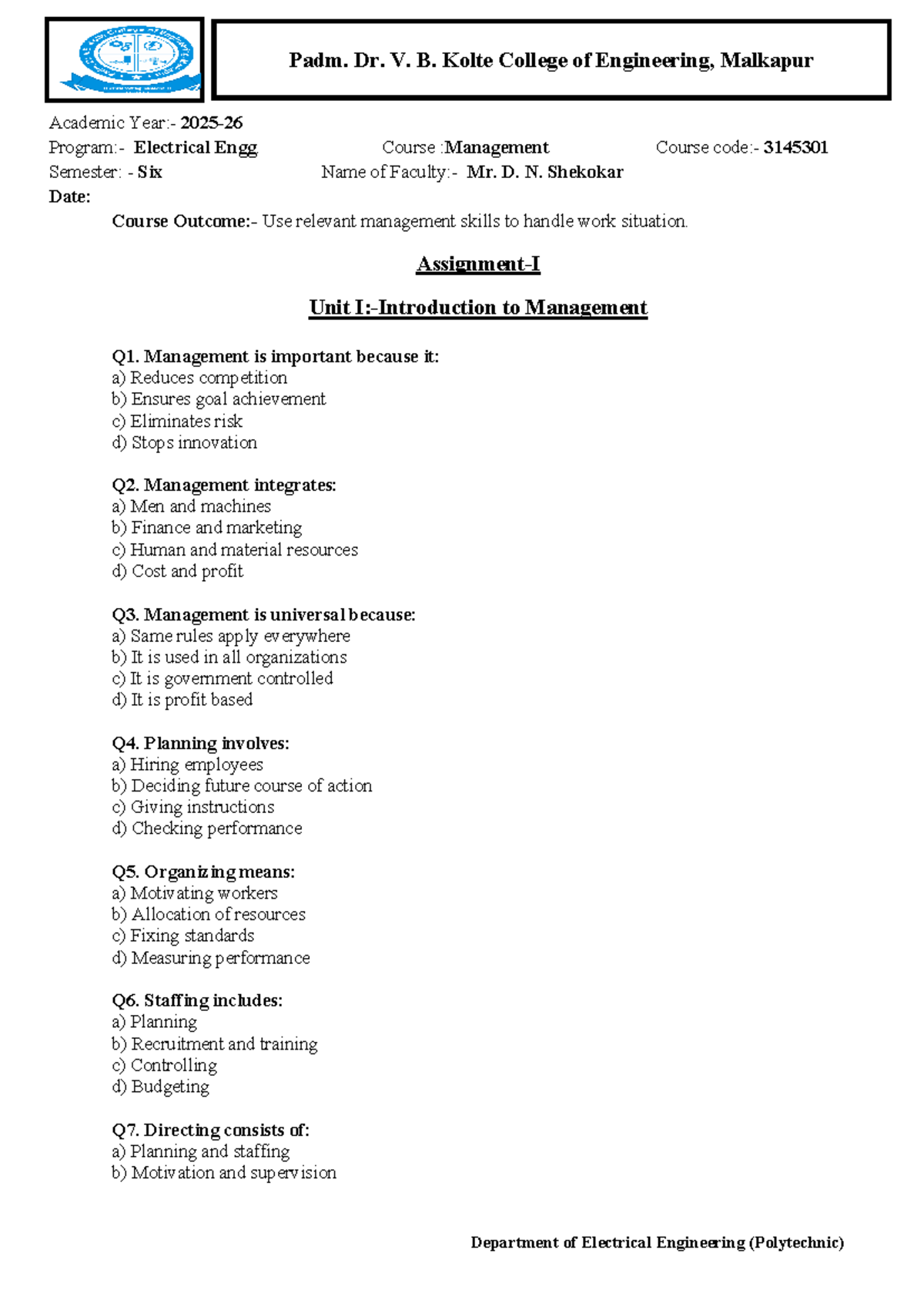 Management Course 3145301: Comprehensive Study Guide for Semester Six ...