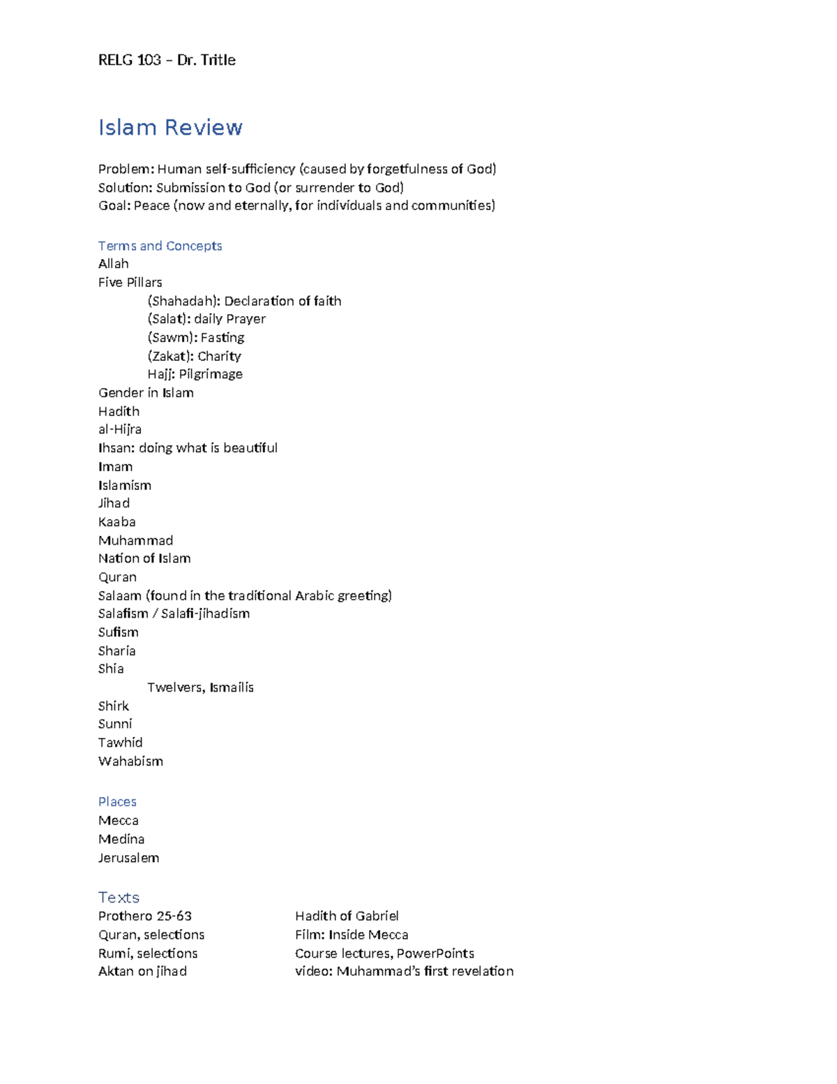 RELG 103 Islam Review: Key Concepts and Terms for FA 24 - Studocu