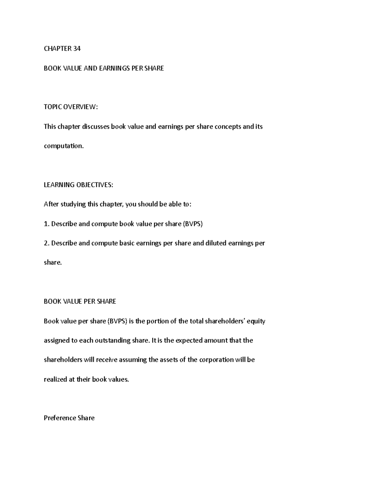 Chapter 34: Book Value and Earnings Per Share Analysis - Studocu