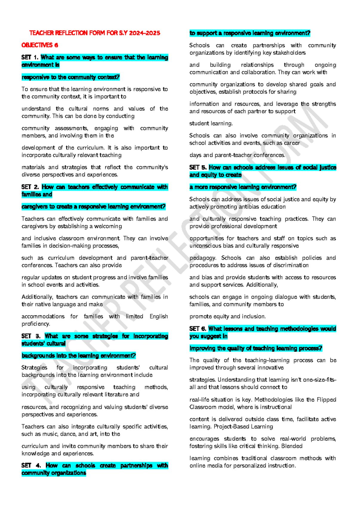 Objectives 6 – 9 (Set 1) - Teaching - TEACHER REFLECTION FORM FOR S ...
