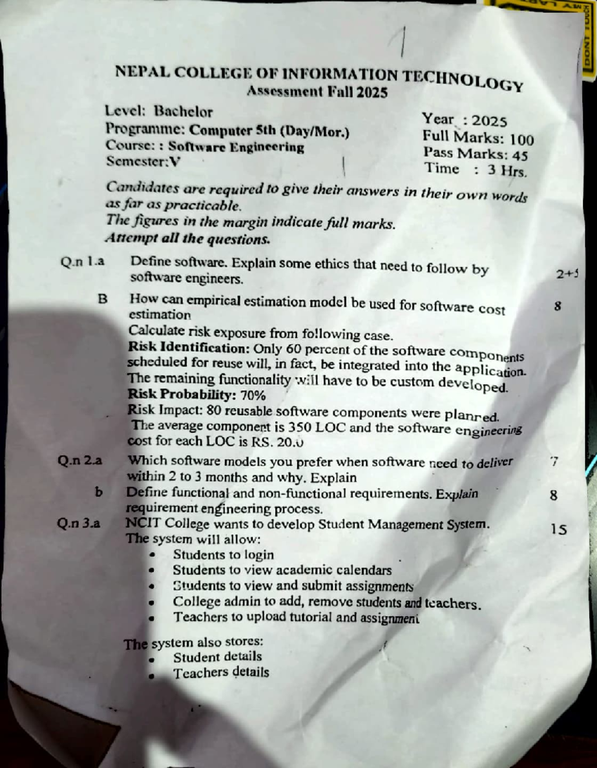 Software Engineering Preboard Papers - Fall 2025 (B.E. Computer) - Studocu