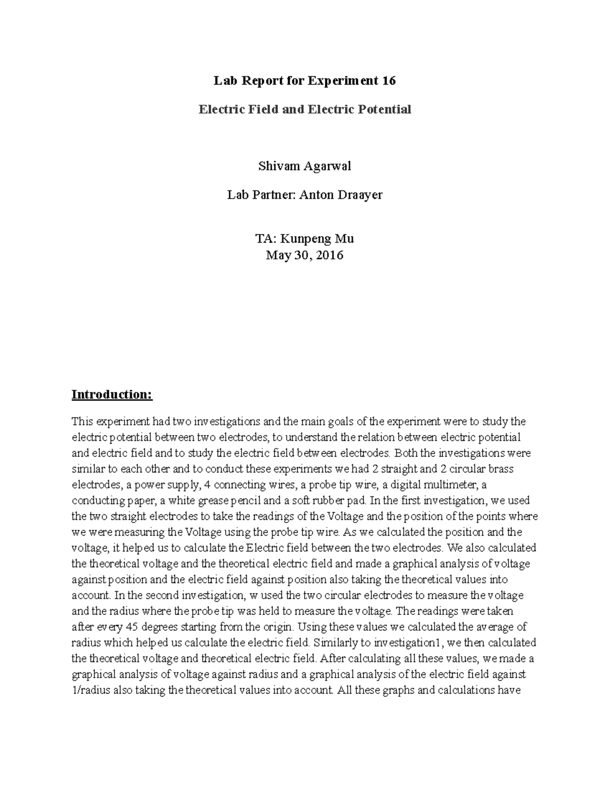 Lab 3 - This is a Lab report for a physics experiment on Electric Field ...