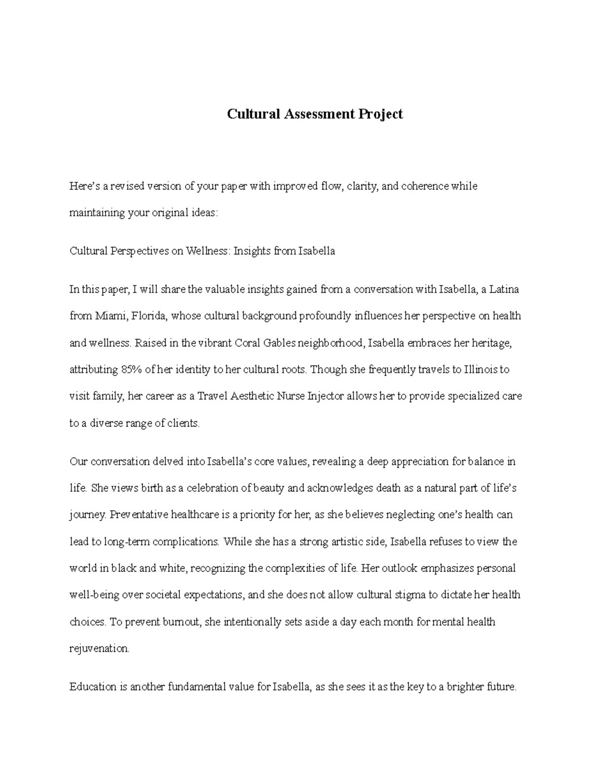 Copy of Cultural Assessment Project - Cultural Assessment Project Here ...