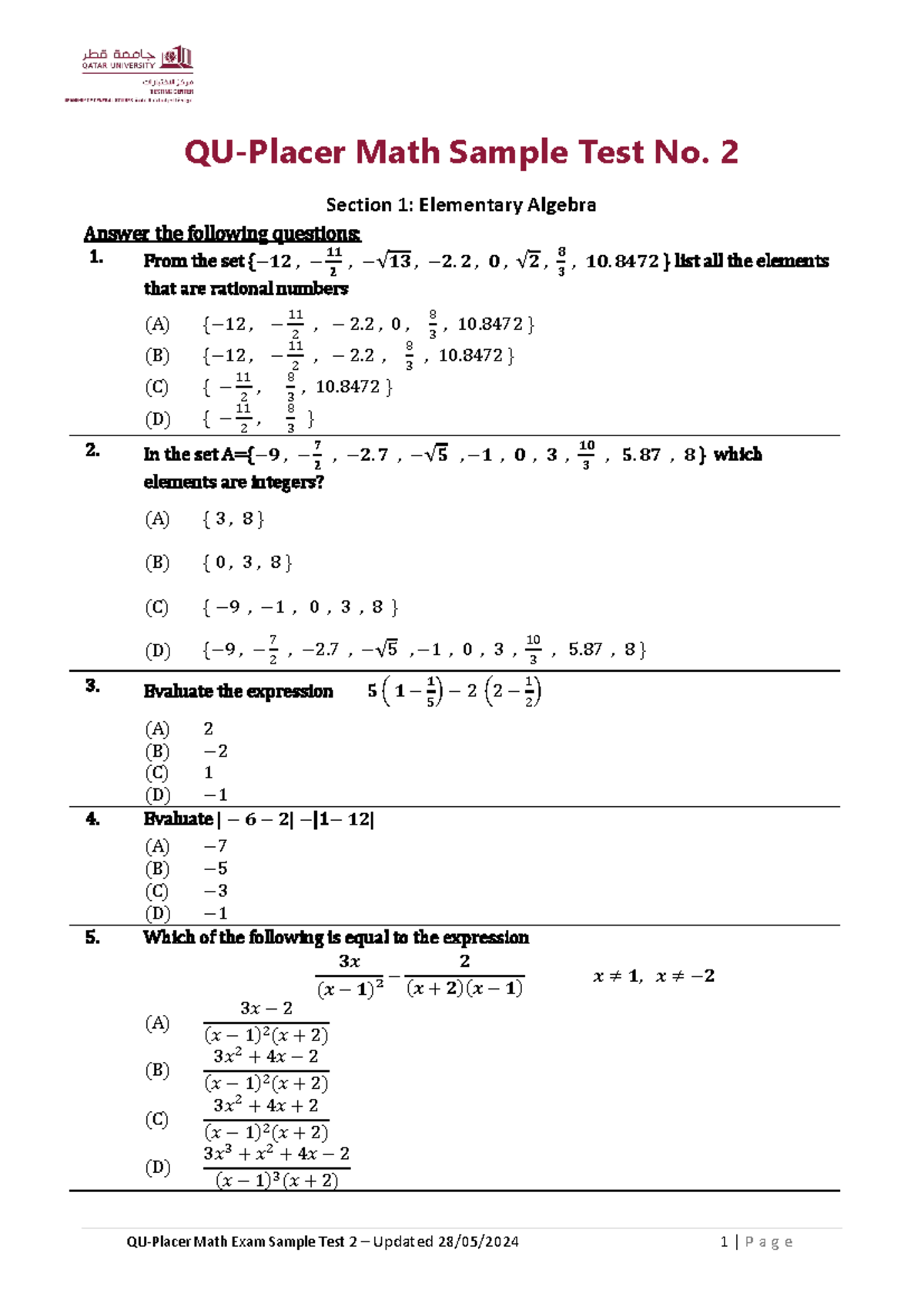 Math Exam Sample Test 2 (MATH 101) - November 2025 - Studocu