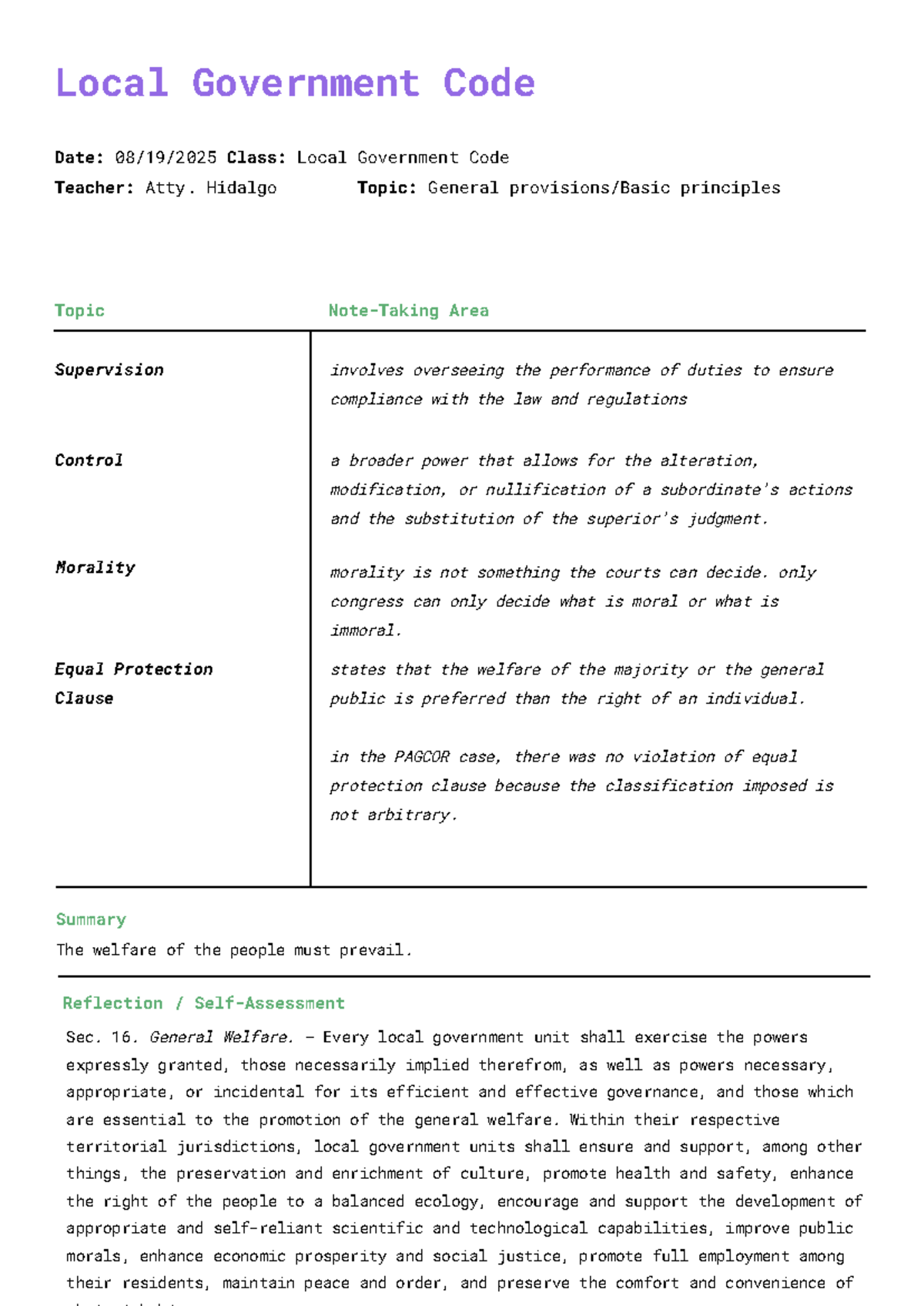 Local Government Code Notes - ADMIN: General Principles & Welfare - Studocu