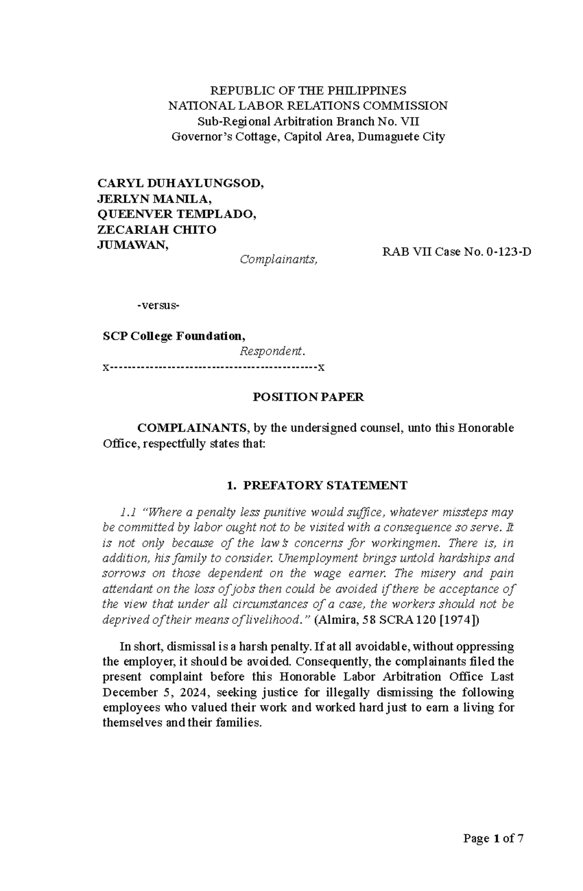 Position Paper - RAB VII Case No. 0-123-D: Illegal Dismissal Claim ...