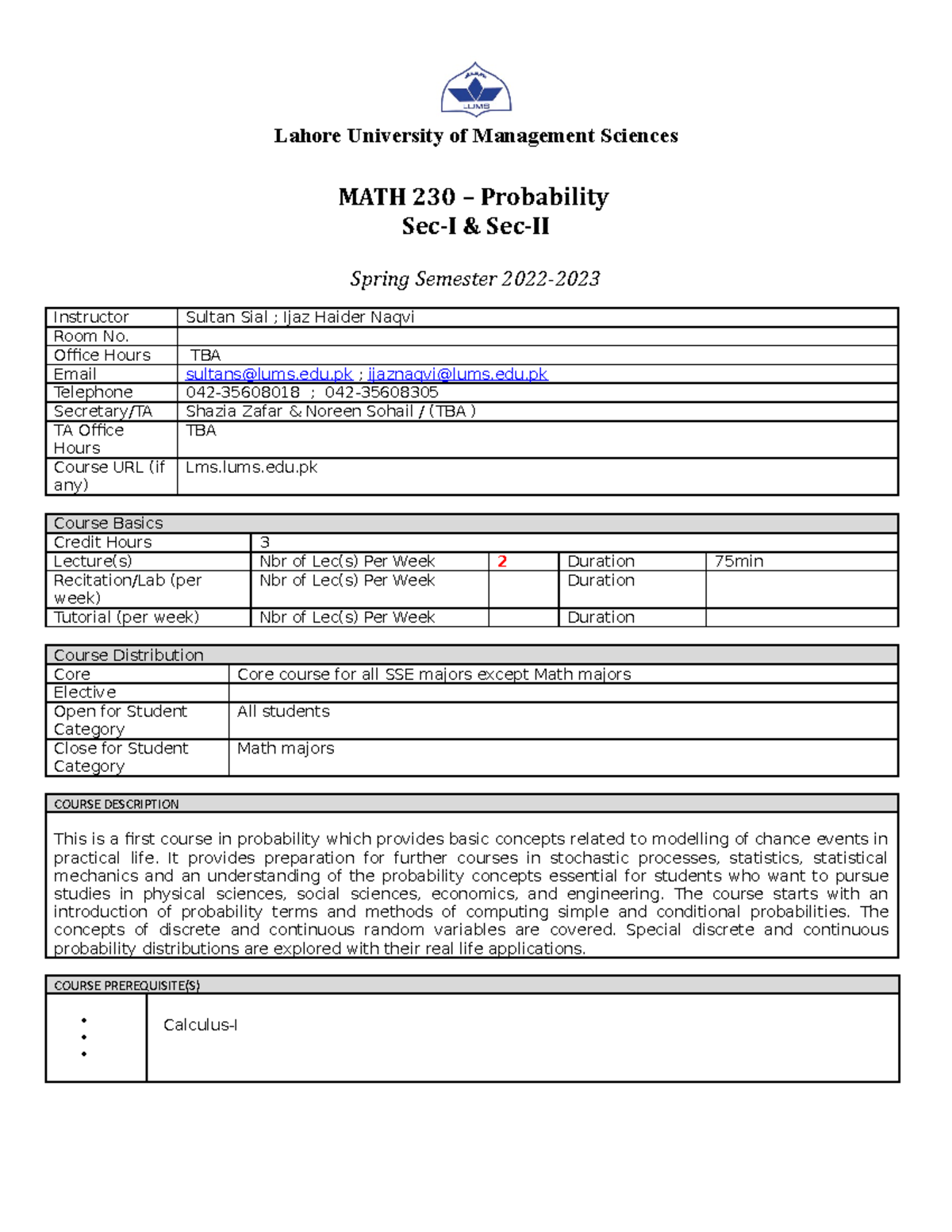 MATH 230-Probability - sec I sec II Dr. Sultan Sial Dr. Ijaz Haider ...