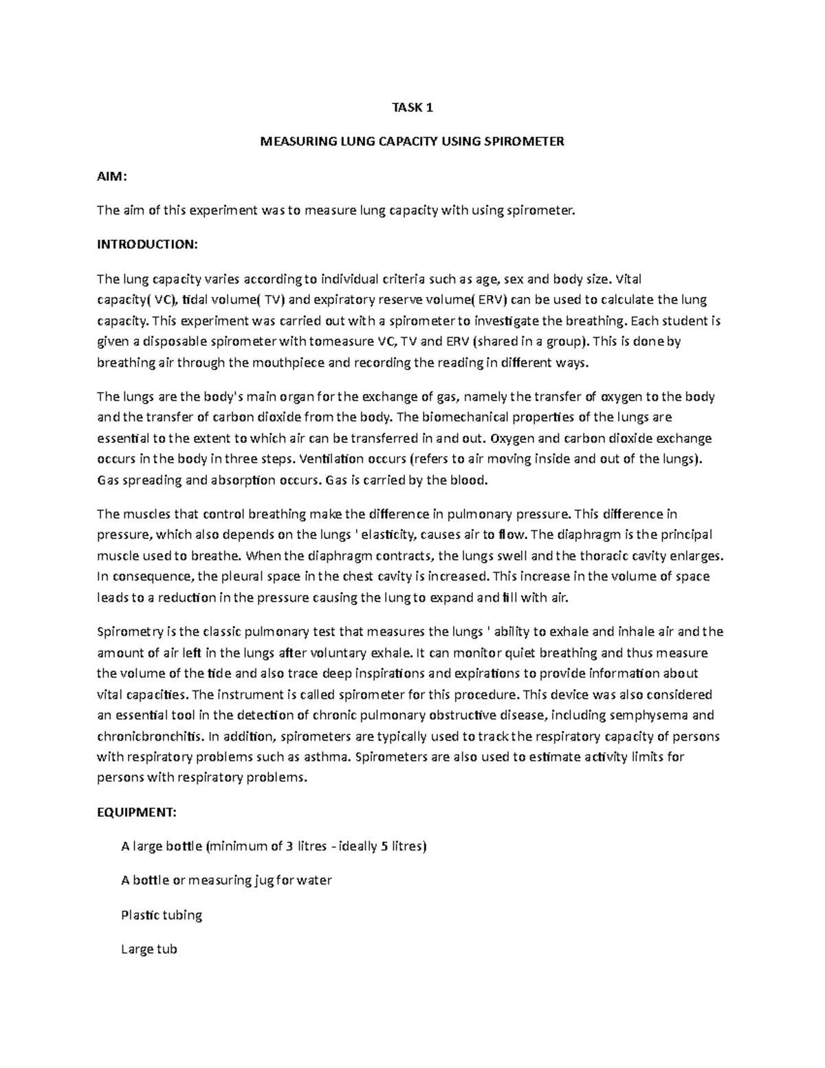 LUNG Capacity Measurement Lab Report Using Spirometer Techniques - Studocu