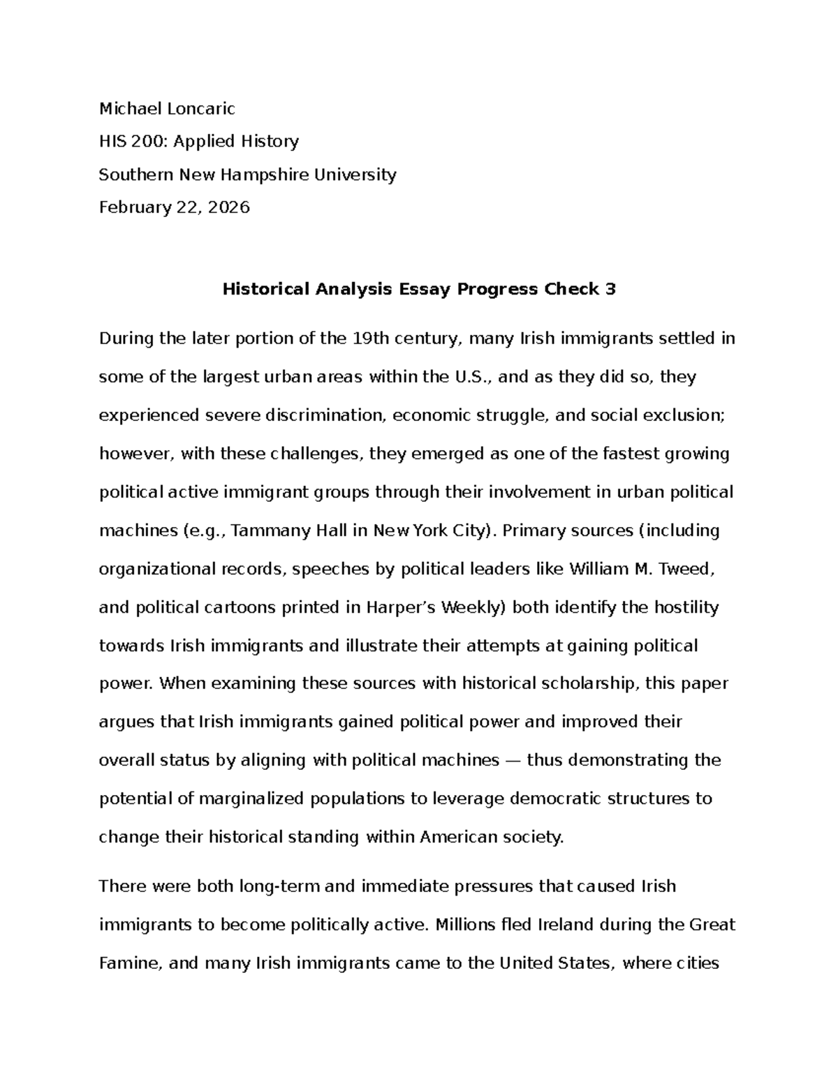 HIS 200: Historical Analysis Essay Progress Check on Irish Immigrants ...
