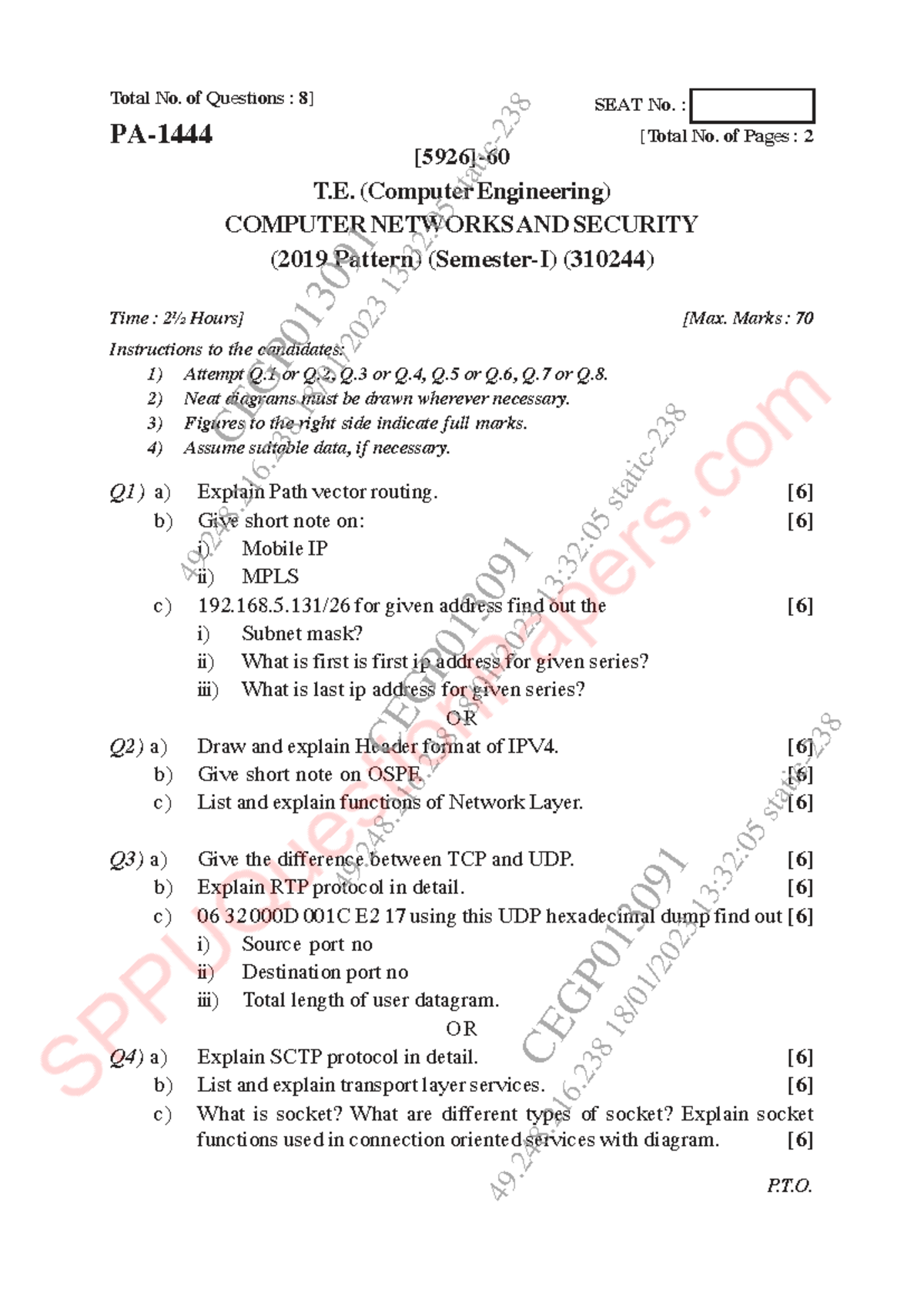 CNS - PYQ: Computer Networks & Security (310244) Exam Questions - Studocu