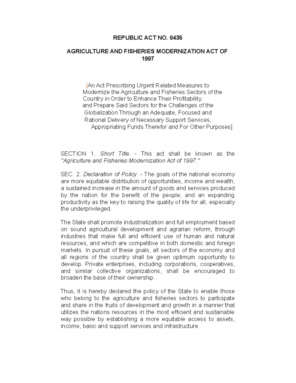 Republic Act No. 8435: Agriculture and Fisheries Modernization Act of ...