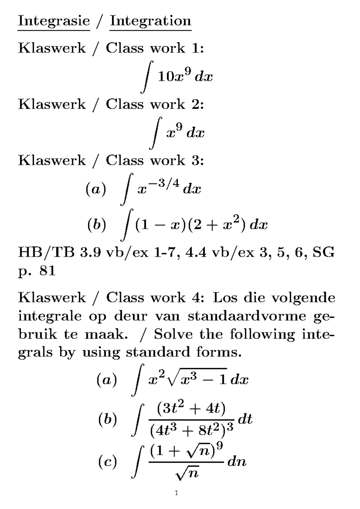 Mths111 SU Class Work: Integration Practice Exercises - Studocu