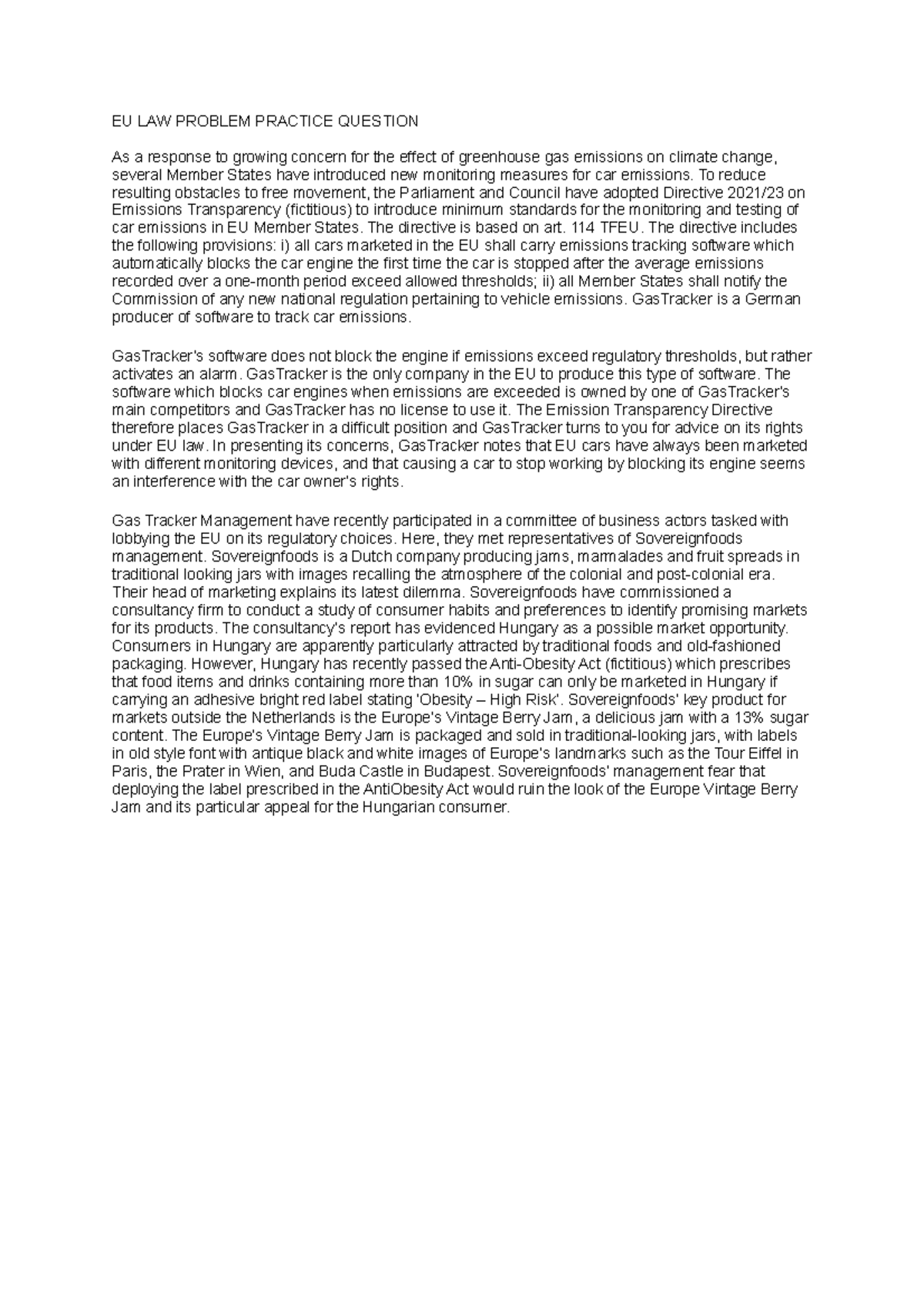 EU Law Problem Practice Question on Emissions Transparency Directive ...