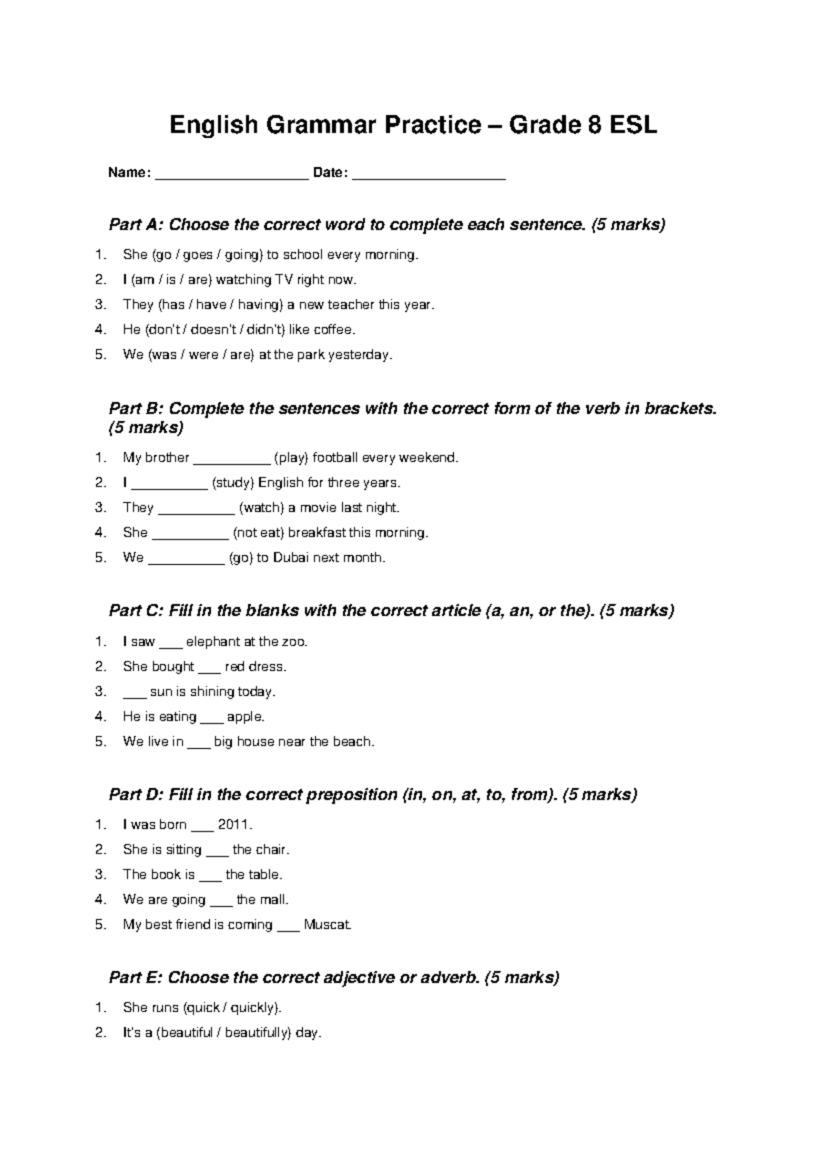 Grade 8 ESL Grammar Practice Worksheet - Studocu