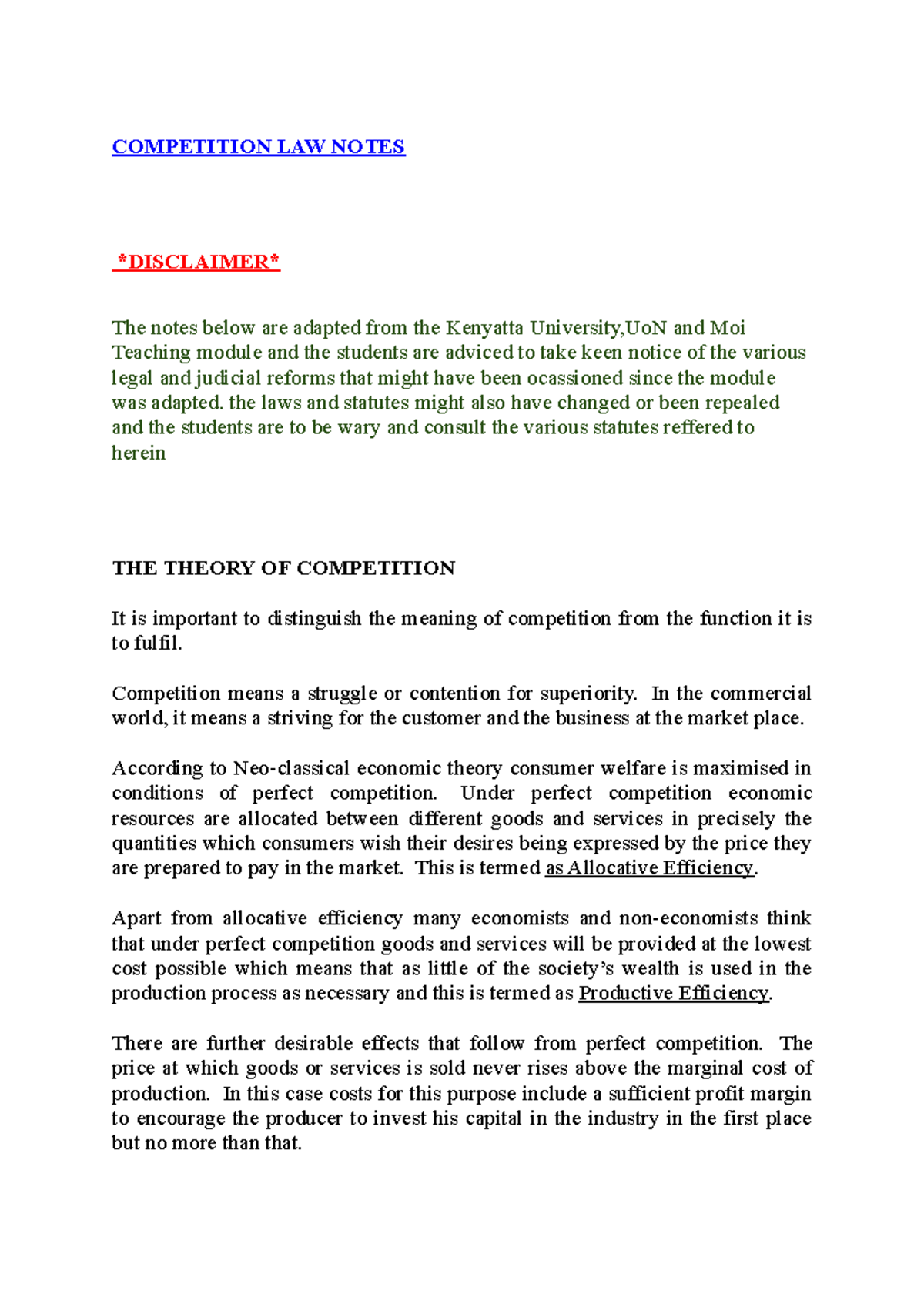 Kenyatta U: COMPETITION LAW Lecture Notes and Reform Insights - Studocu