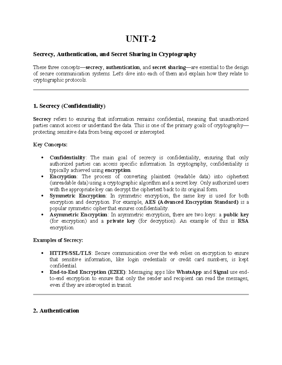 ITCS UNIT 2 - Notes on Secrecy, Authentication, and Cryptography - Studocu