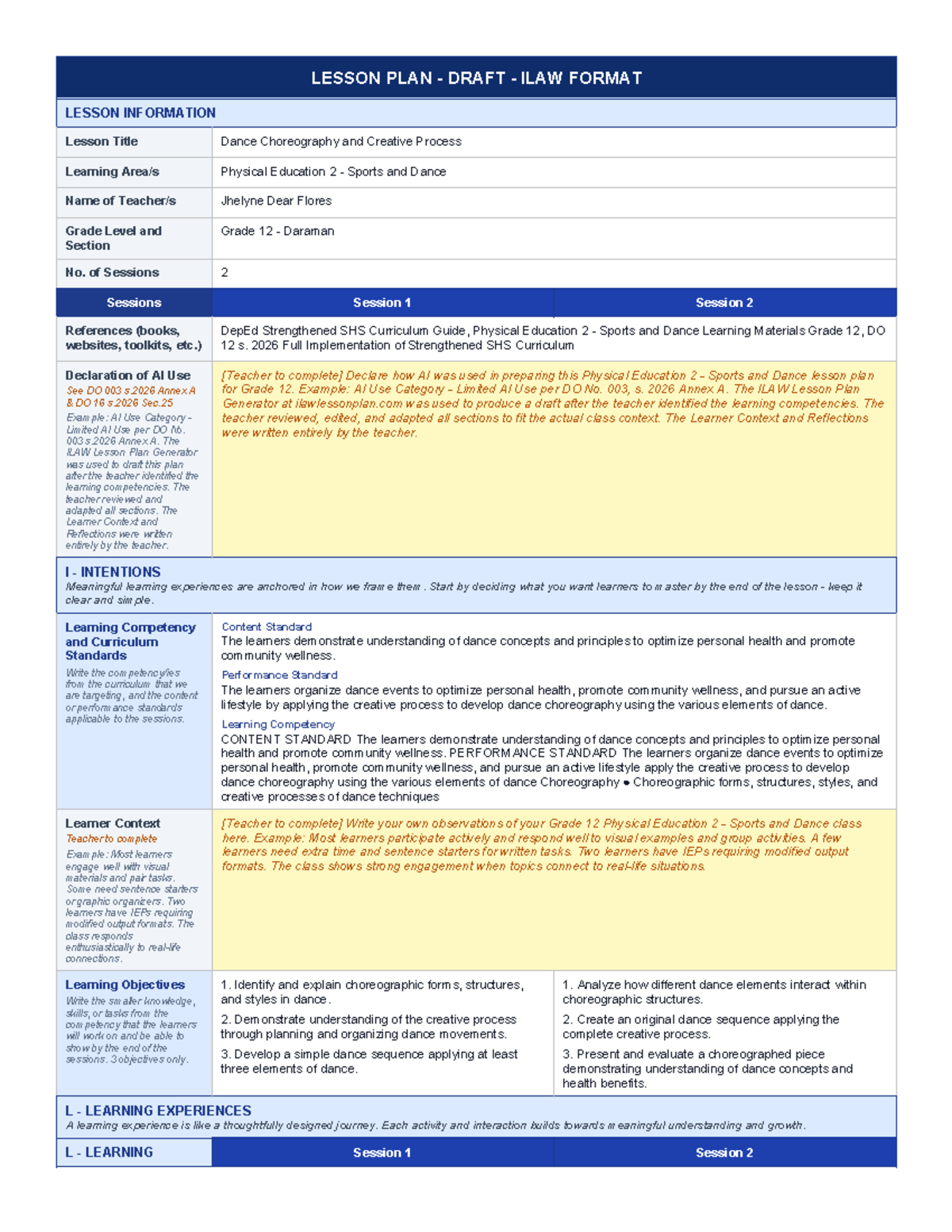 ILAW FORMAT: Dance Choreography Lesson Plan for PE 2 Grade 12 - Studocu