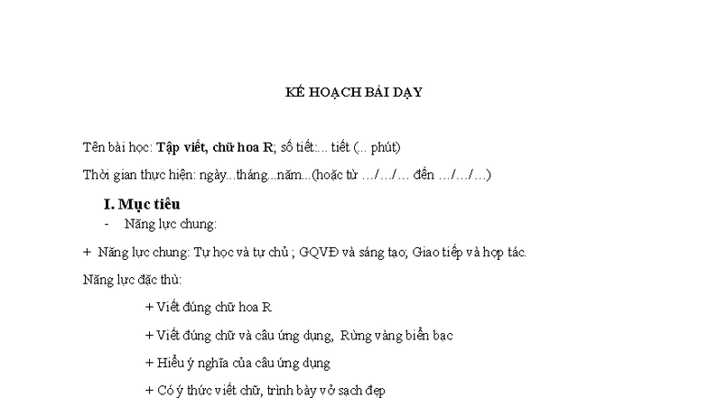 KẾ HOẠCH BÀI DẠY: Tập Viết Chữ R Hoa - Studocu