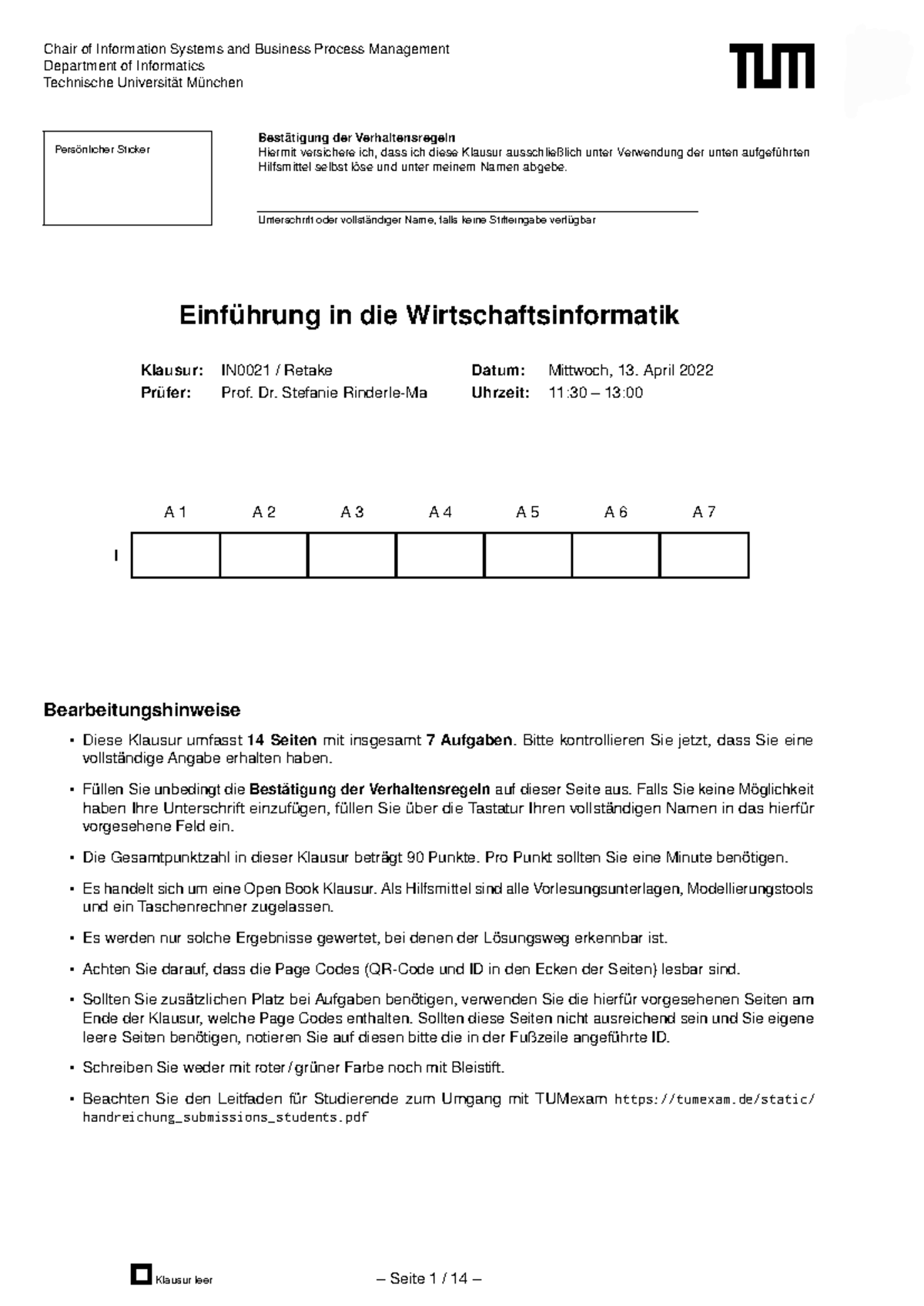 Klausur: Einführung in die Wirtschaftsinformatik (IN0021) Retake 2022 - Document Preview