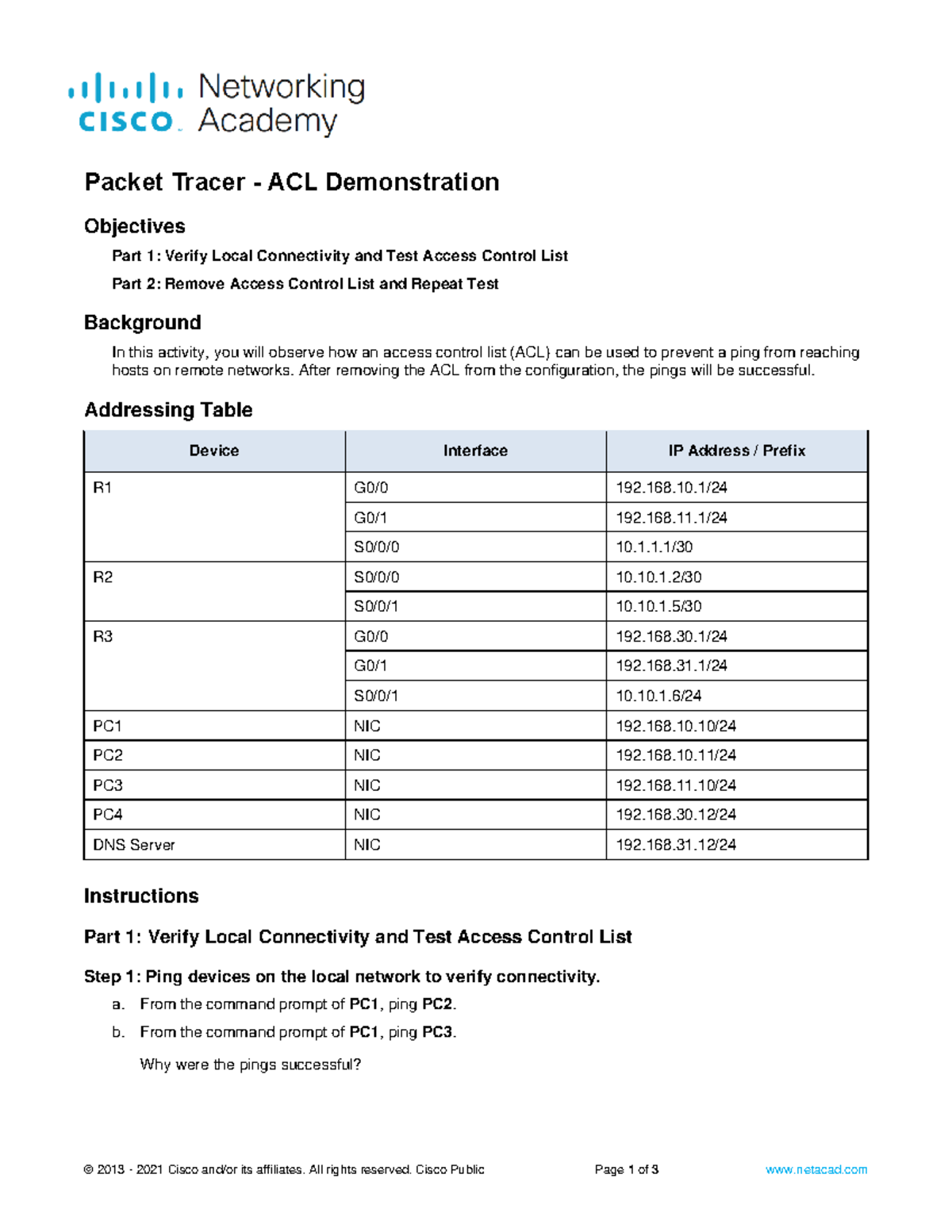Packet Tracer ACL Demonstration: Local Connectivity & ACL Testing - Studocu