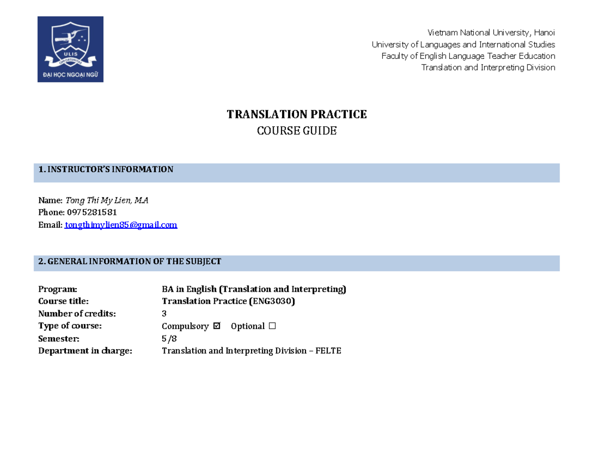 Translation Practice ENG3030 Course Guide for 2024 - Studocu