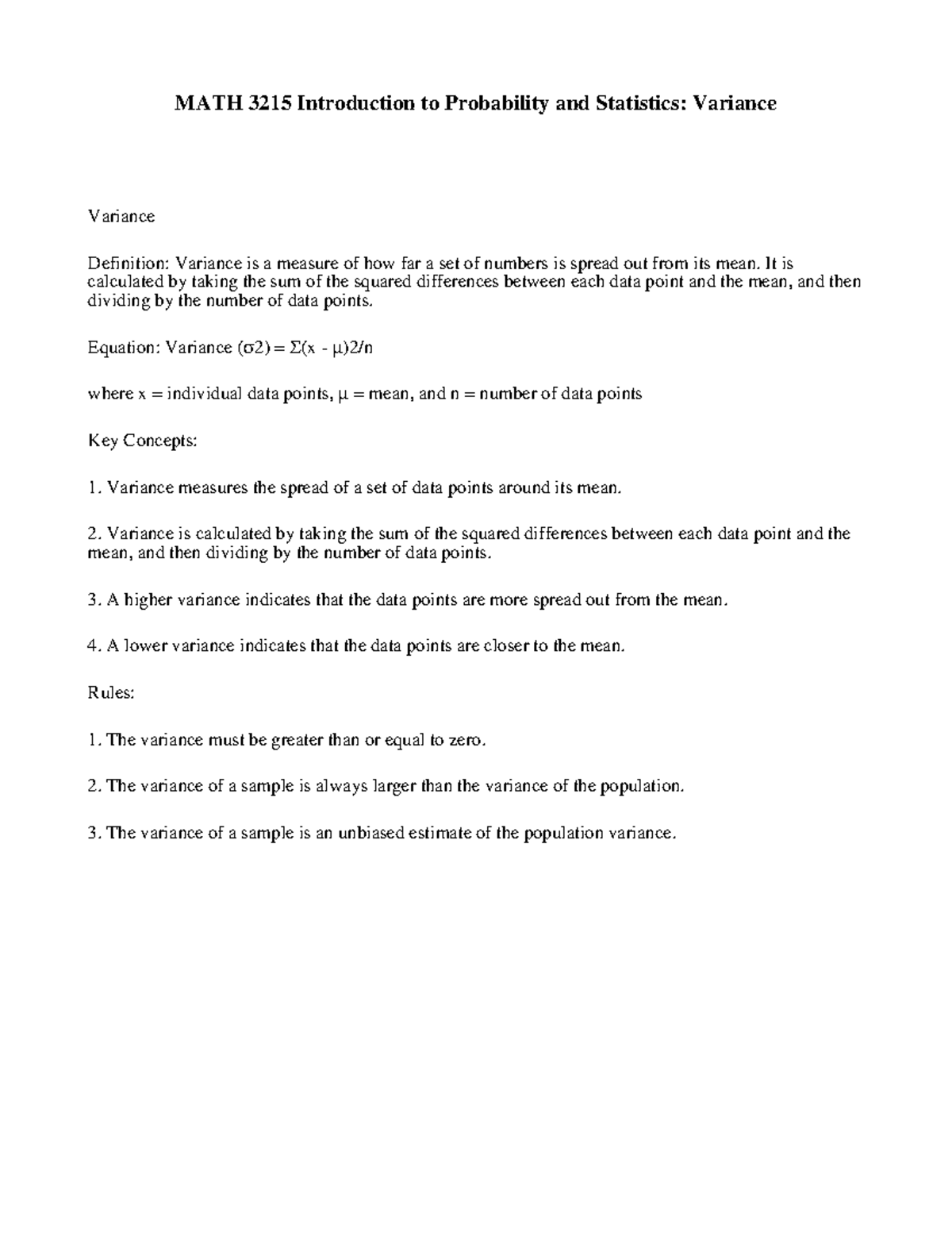 MATH 3215 Introduction to Probability and Statistics - Variance ...