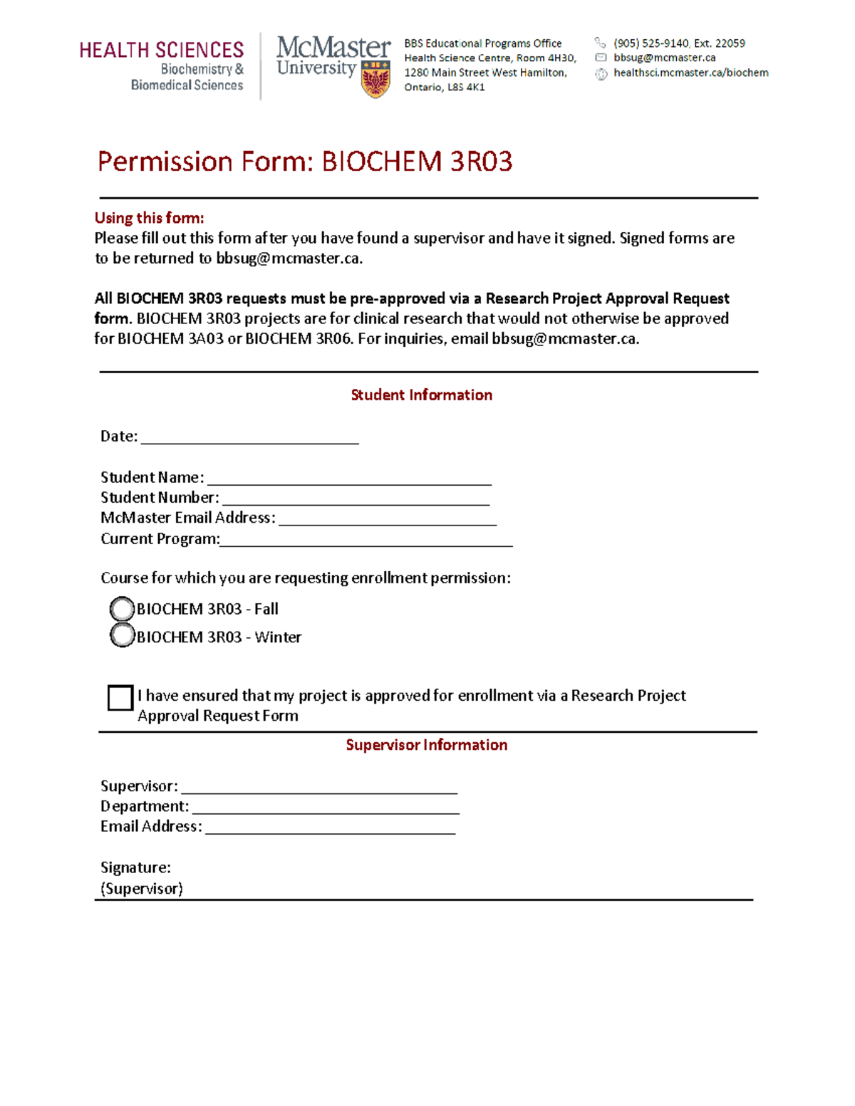 BIOCHEM 3R03 Permission Form for Research Project Approval - Studocu