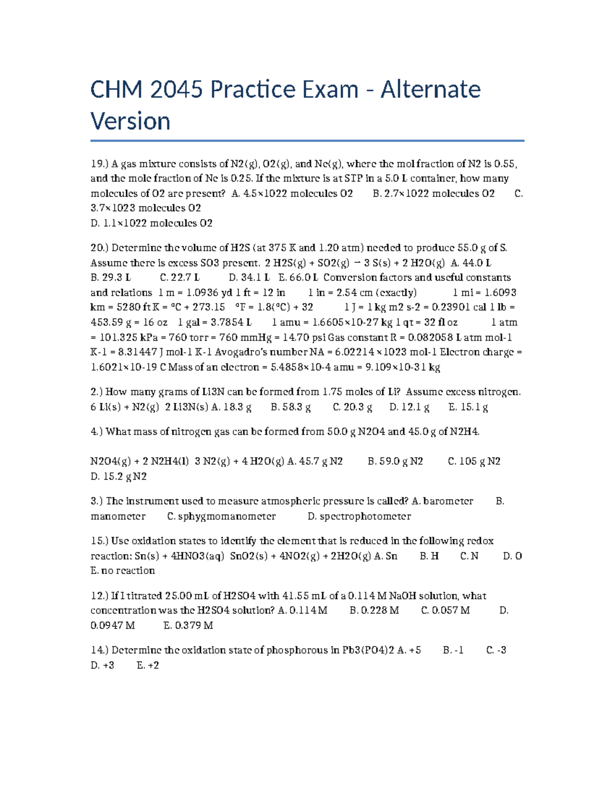 CHM 2045 Alternate Practice Exam Questions and Solutions - Studocu